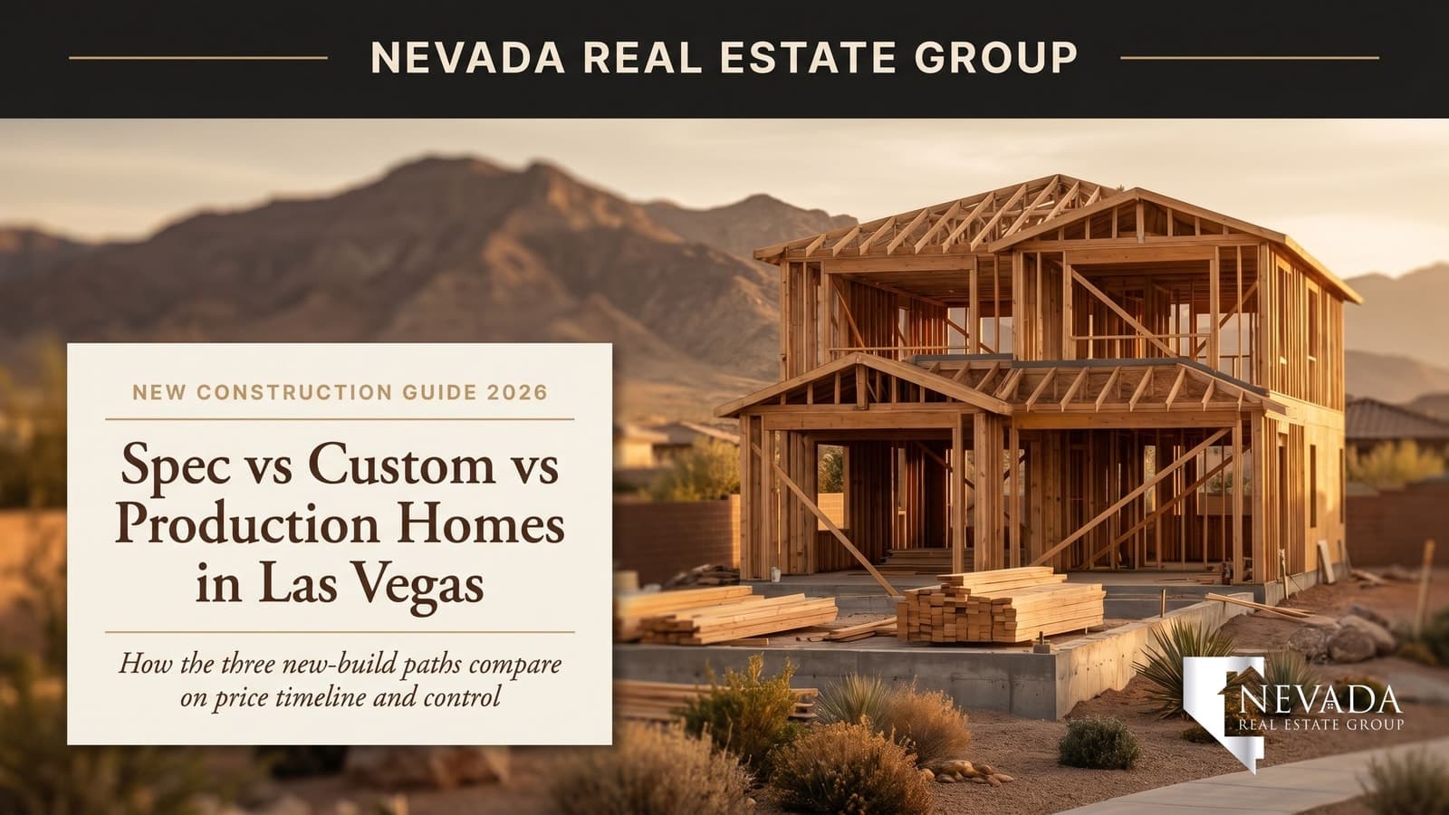 A new-construction two-story home under framing at golden hour in a Las Vegas master-plan community with desert mountains behind — new construction guidance from Nevada Real Estate Group