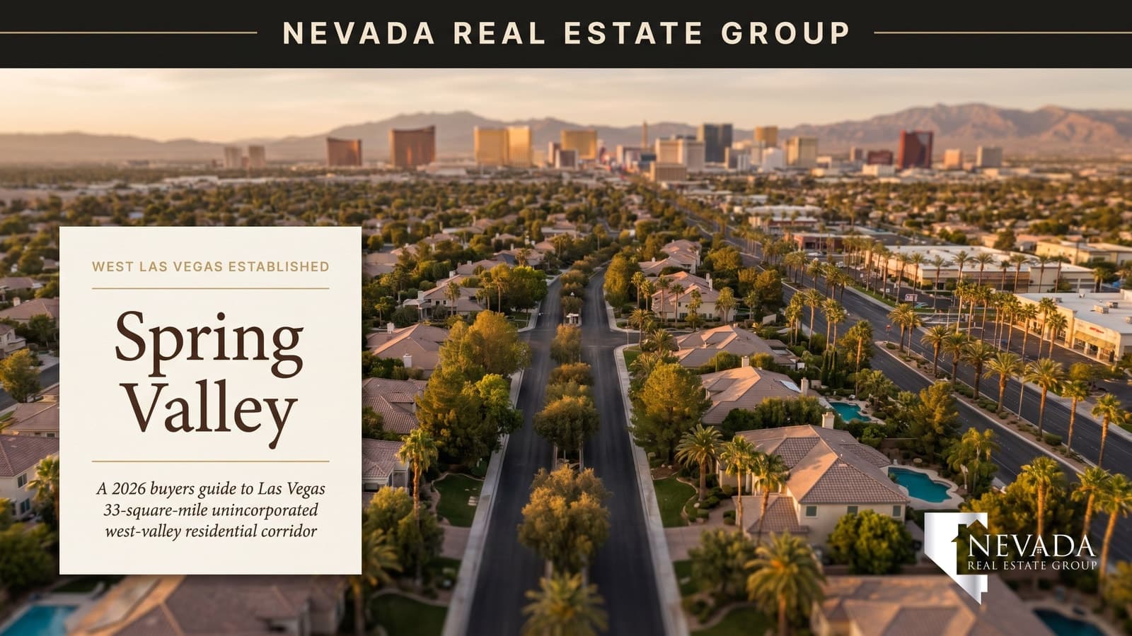 Spring Valley Las Vegas established residential district aerial at sunset with Strip skyline in distance