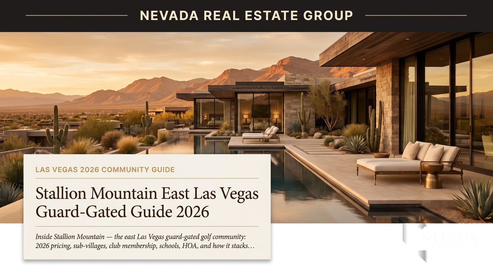 Stallion Mountain east Las Vegas guard-gated golf community with 27-hole course and Sunrise Mountain backdrop at twilight