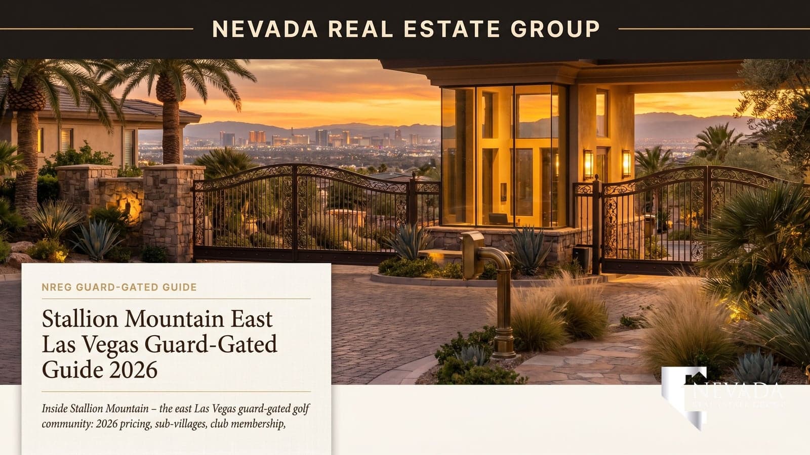 Stallion Mountain east Las Vegas guard-gated golf community with 27-hole course and Sunrise Mountain backdrop at twilight