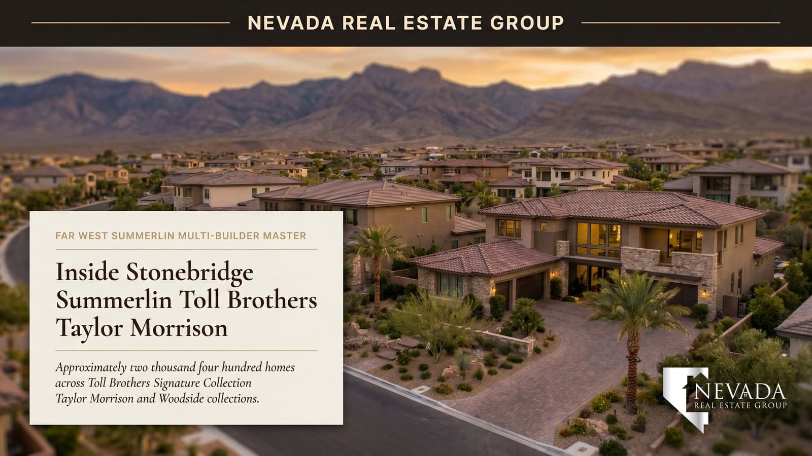 Stonebridge Summerlin Toll Brothers Taylor Morrison multi-builder master plan aerial view at golden hour with Spring Mountains backdrop