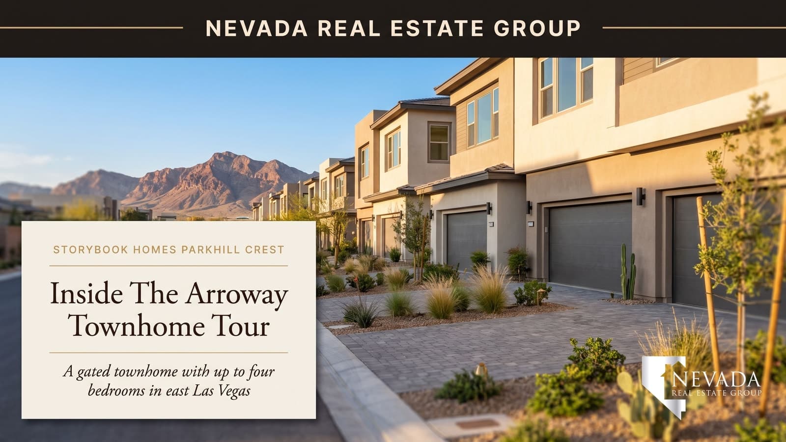 StoryBook Homes Arroway townhome model tour at Parkhill Crest, a gated community of new two-story townhomes with paver driveways in east Las Vegas