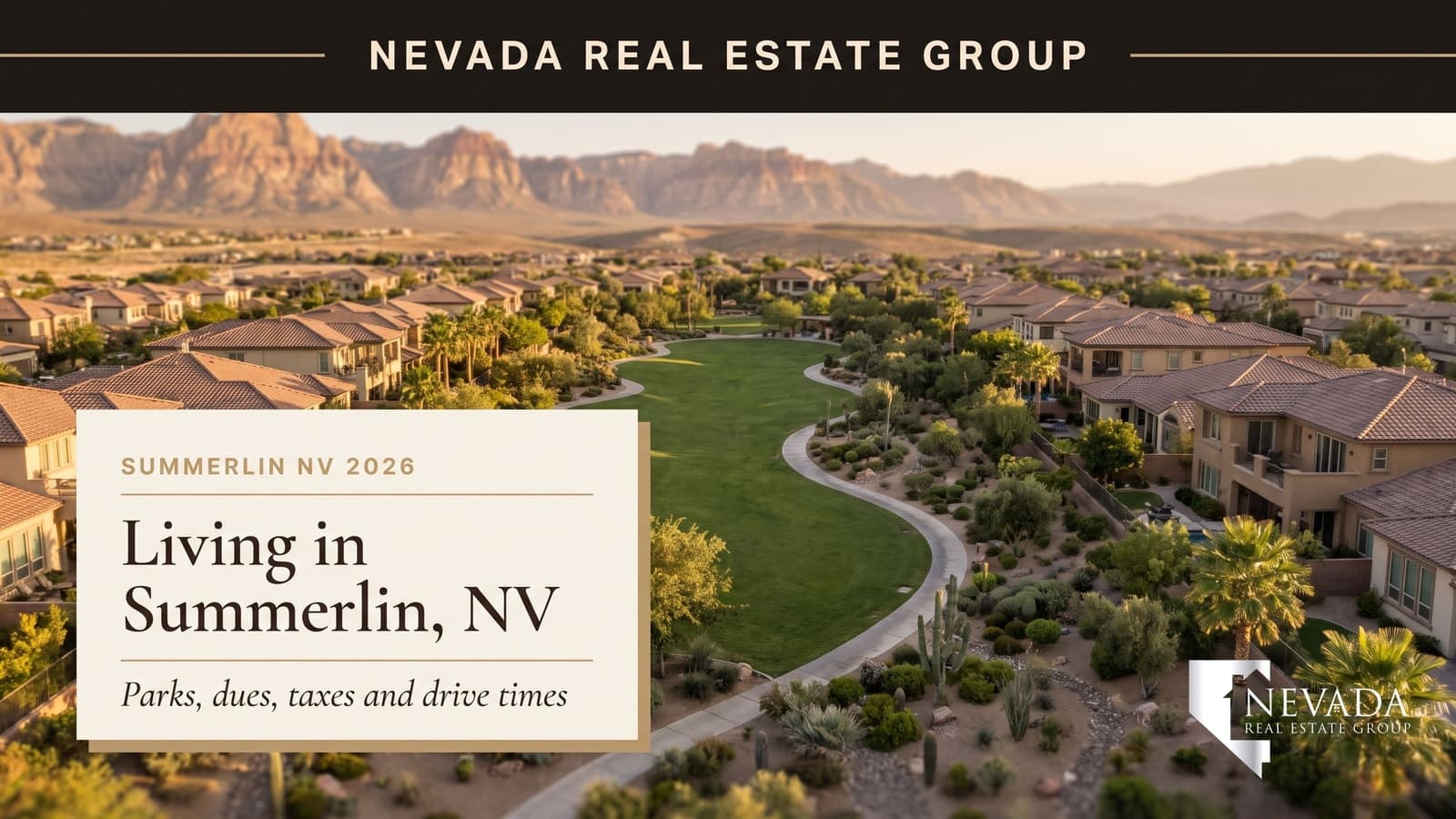 Aerial of a Summerlin village park with a winding paved trail and tile-roof homes below the Red Rock Canyon mountains in Las Vegas