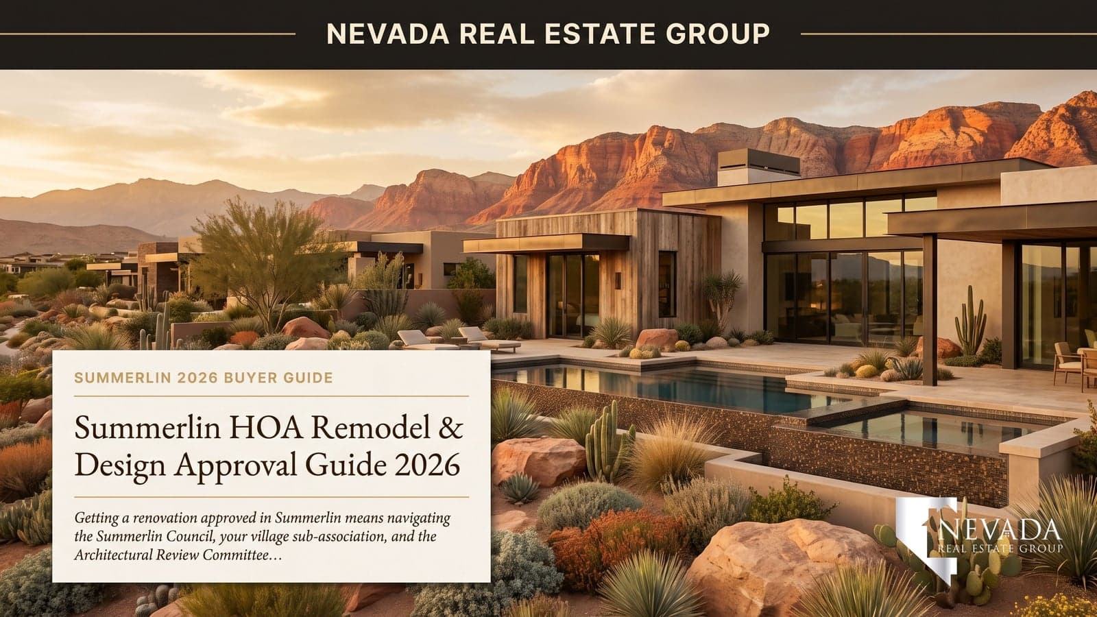 Summerlin Las Vegas luxury home exterior with desert landscaping and mountain views awaiting HOA architectural review committee approval