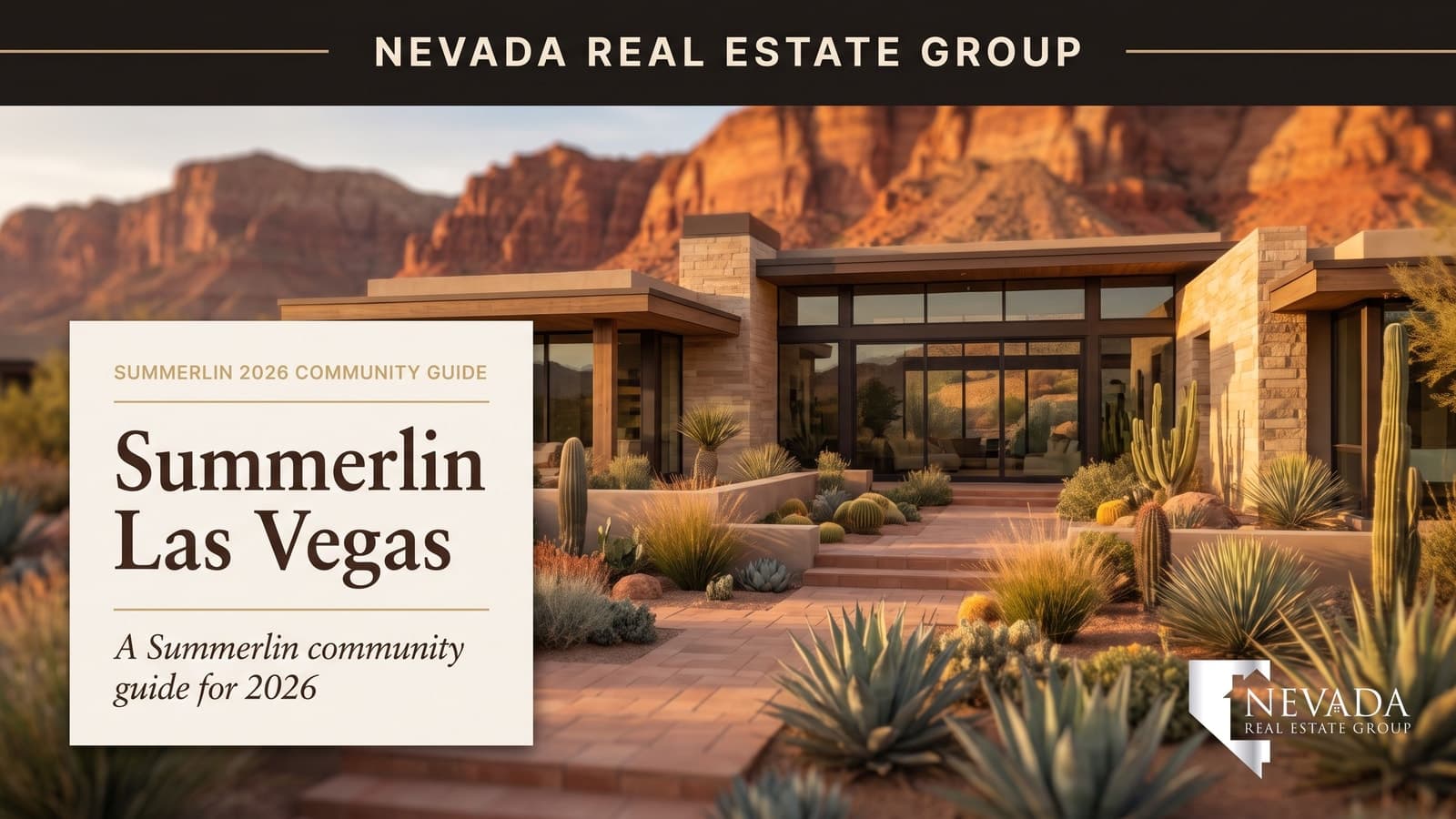 Aerial view of Summerlin Las Vegas at golden hour showing residential villages, green parkways, and Red Rock Canyon rising in the background