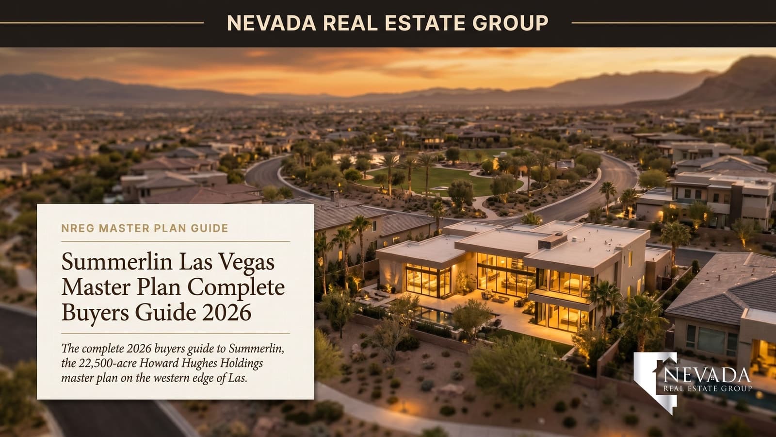 Aerial view of the Summerlin master plan in Las Vegas, Nevada, showing residential villages, green parkways, trails, and golf courses with Red Rock Canyon and the Spring Mountains rising in the background