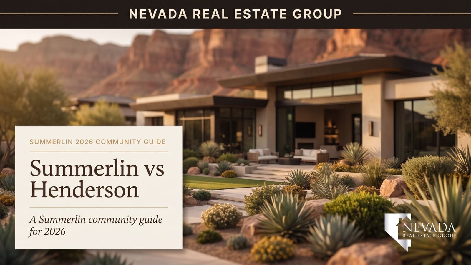 Aerial view of master-planned Las Vegas Valley neighborhoods contrasting Summerlin's red-rock backdrop against Henderson's desert floor — Summerlin vs Henderson 2026