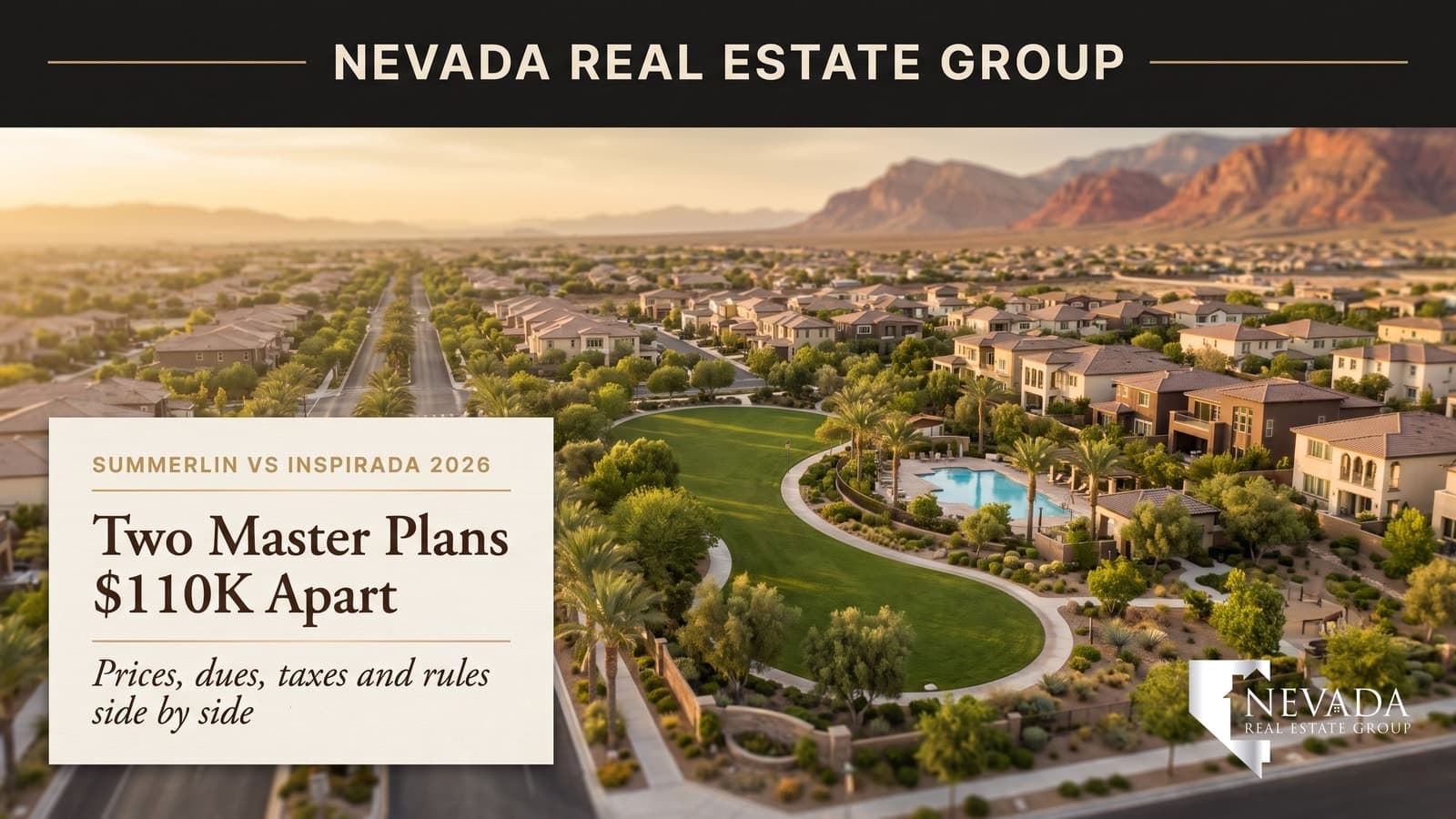Golden-hour aerial of a Las Vegas valley master-planned community with a park, a pool, tree-lined parkways and red rock mountains, illustrating the Summerlin vs Inspirada comparison