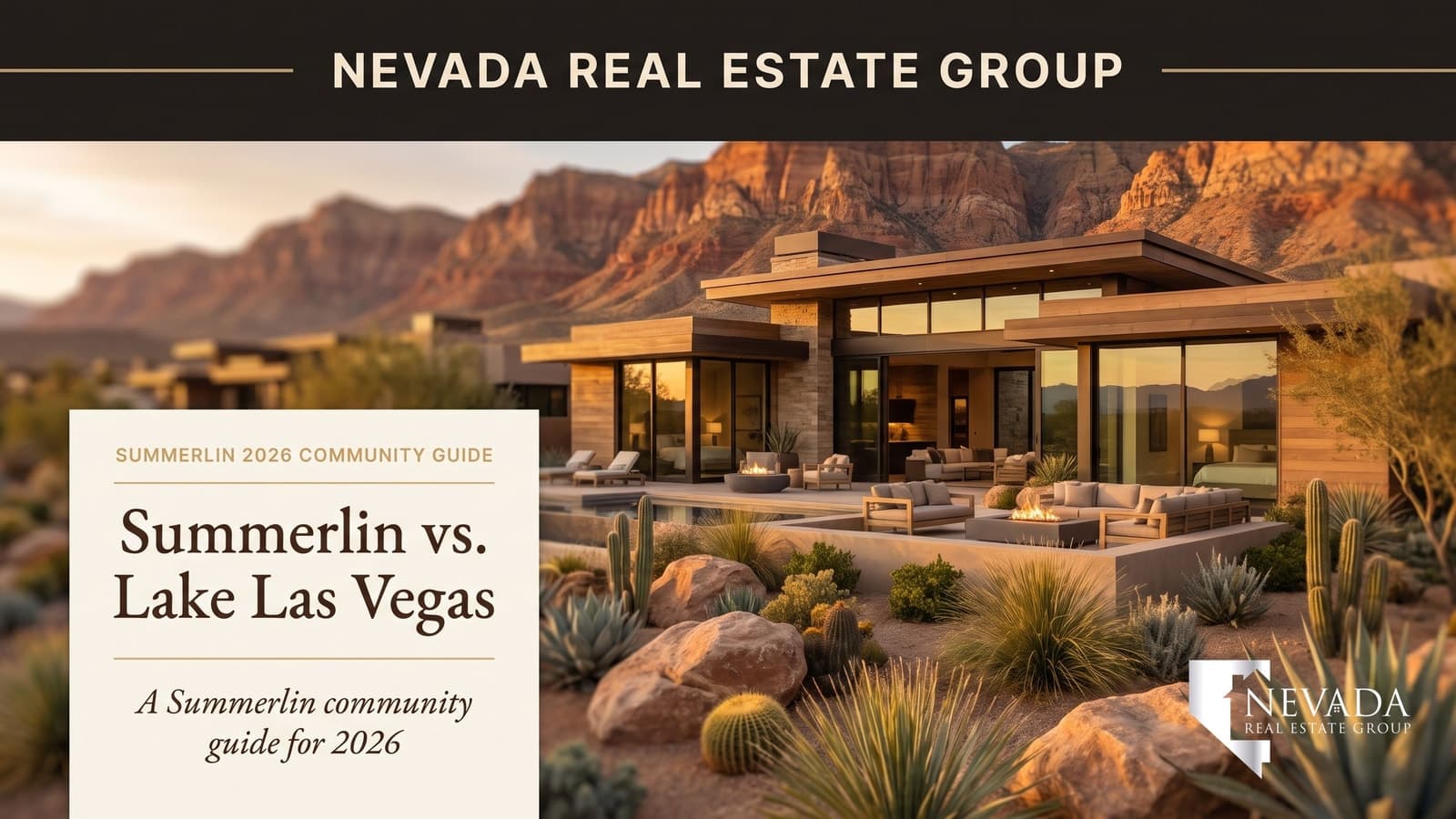 Aerial view contrasting Summerlin's mountain-edge streets with Lake Las Vegas waterfront in the Las Vegas valley