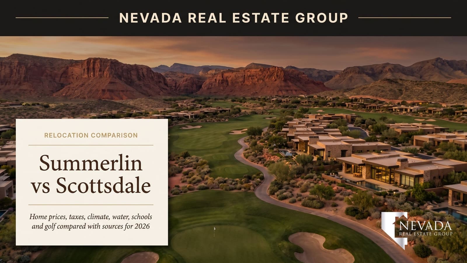 Twilight aerial of an upscale desert master-planned community with golf fairways, red sandstone cliffs and mountain foothills, illustrating the Summerlin versus Scottsdale relocation comparison for 2026
