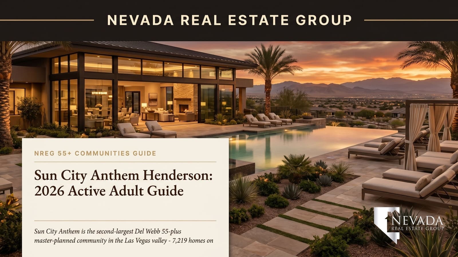 Sun City Anthem Henderson Del Webb 55-plus master plan hillside aerial at golden hour showing single-story homes and the Las Vegas Strip skyline on the distant horizon