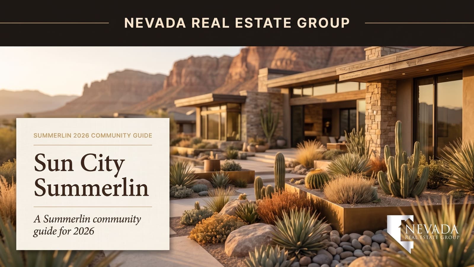 Sun City Summerlin Del Webb 55-plus master plan aerial at golden hour showing fairways, single-story homes, recreation centers, and the Spring Mountains backdrop
