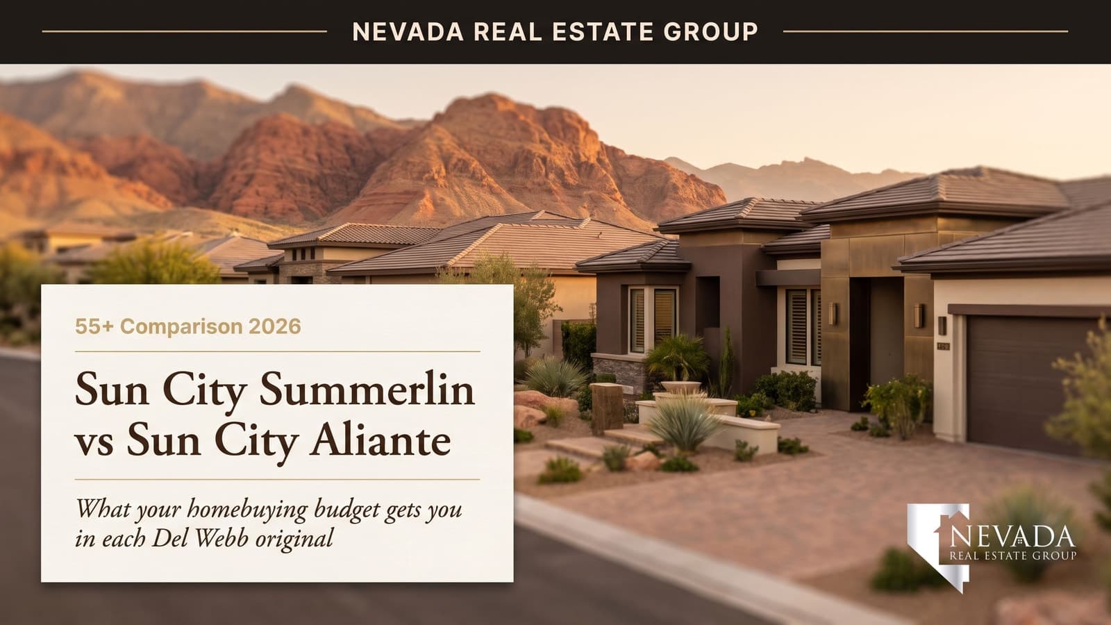 Single-story Sun City Summerlin homes with the Red Rock escarpment behind, compared with Sun City Aliante in North Las Vegas for 55+ buyers in 2026