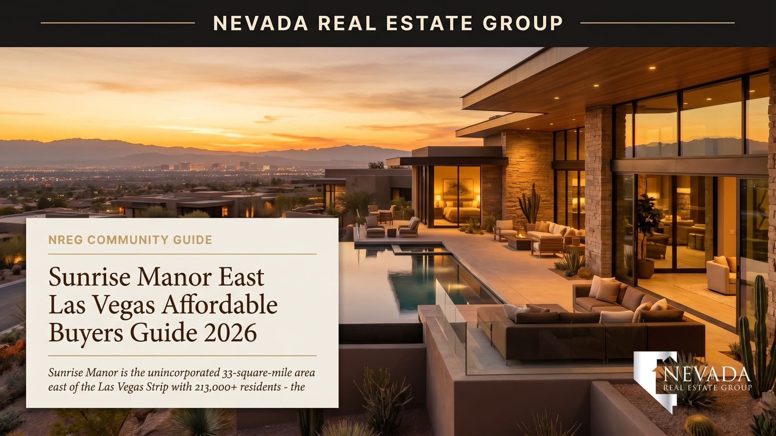 Aerial view of Sunrise Manor in east Las Vegas at golden hour showing established residential grids with Sunrise Mountain rising in the background and the Strip skyline on the distant horizon