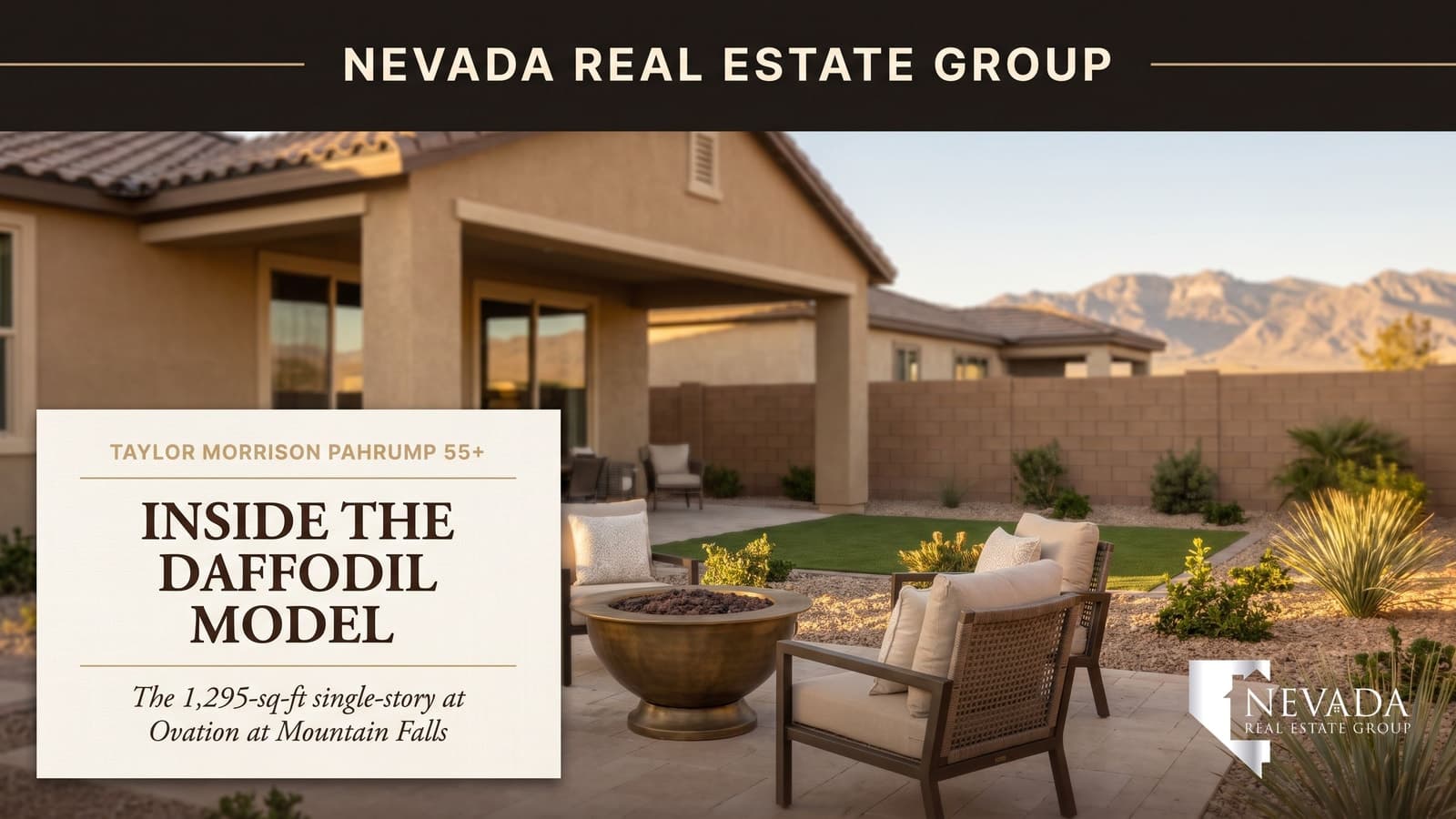 Taylor Morrison Daffodil model at Ovation at Mountain Falls, a 55+ single-story new-construction neighborhood on the golf course in Pahrump, Nevada