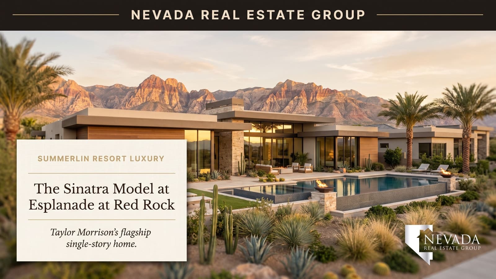 The Taylor Morrison Sinatra model — a single-story resort-style luxury home at Esplanade at Red Rock in Summerlin's La Madre Peaks village, Las Vegas 2026
