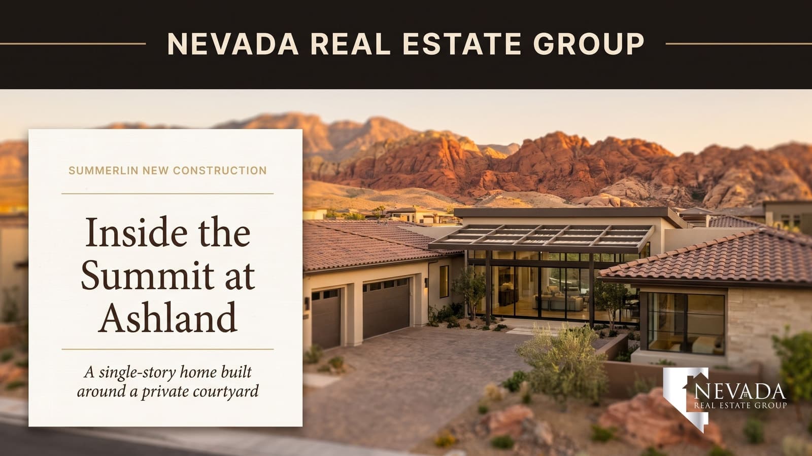 Single-story luxury home with a glass-walled courtyard entry below the Red Rock mountains, cover image for the Taylor Morrison Summit model at Ashland in Summerlin