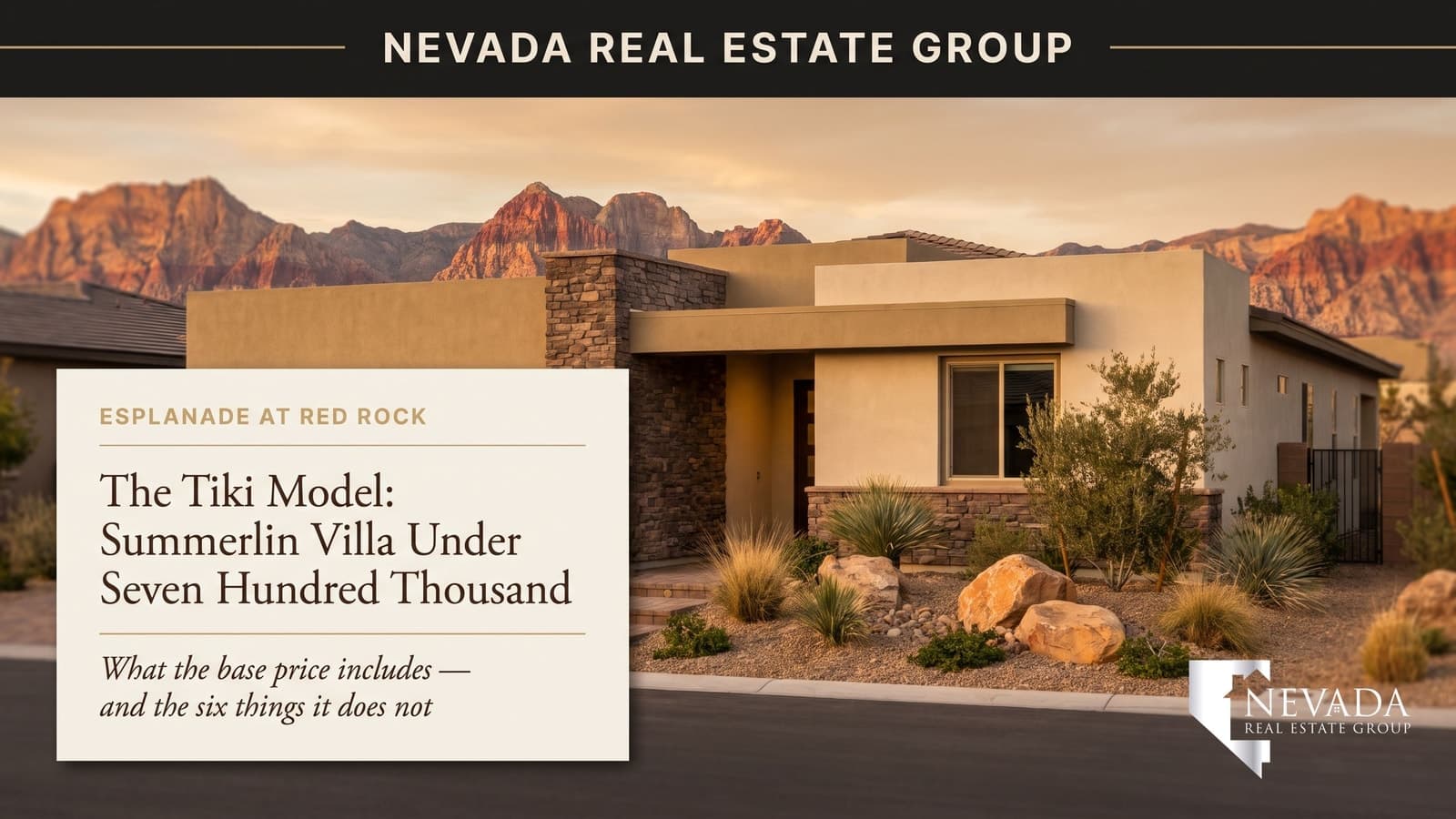 Single-story Taylor Morrison villa at Esplanade at Red Rock in Summerlin, the Tiki floor plan that opens resort-style living under $700,000 in 2026