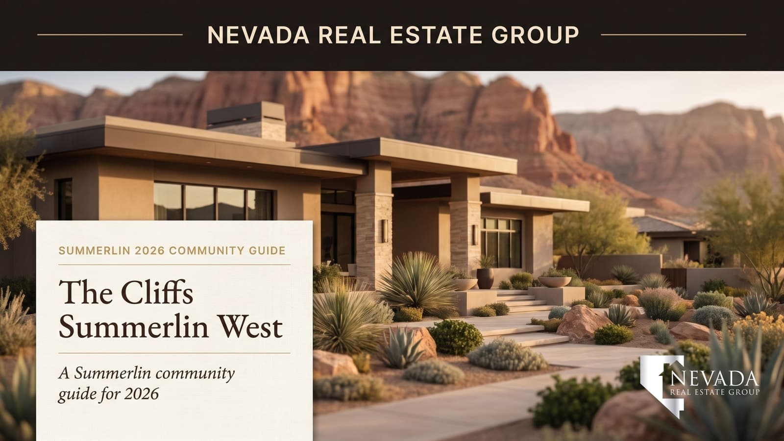 The Cliffs Summerlin West village aerial at golden hour with contemporary luxury homes built into the elevated foothills directly above Red Rock Canyon