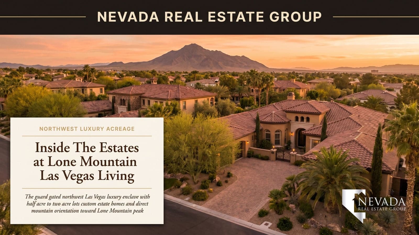 Custom Mediterranean estate at sunset with mountain backdrop in northwest Las Vegas