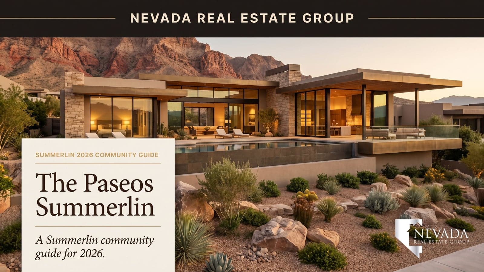 The Paseos Summerlin established village aerial at golden hour showing mature tree-lined neighborhoods, Mediterranean architecture, and Fox Hill Park amenity complex