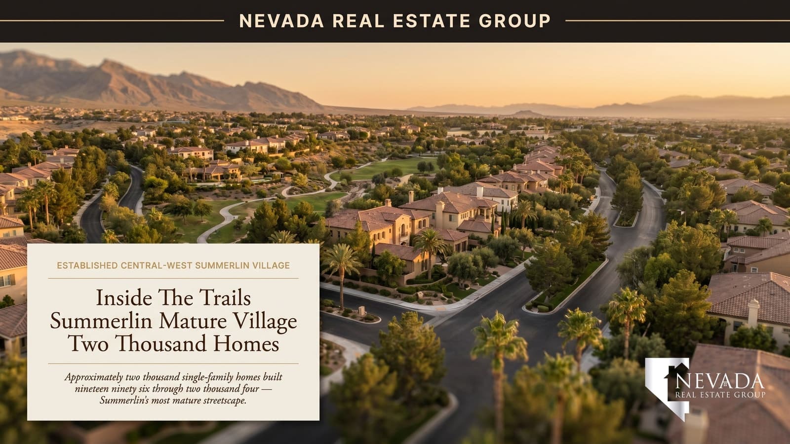 The Trails Summerlin established village aerial view with mature pine and palm streetscape and Spring Mountains backdrop
