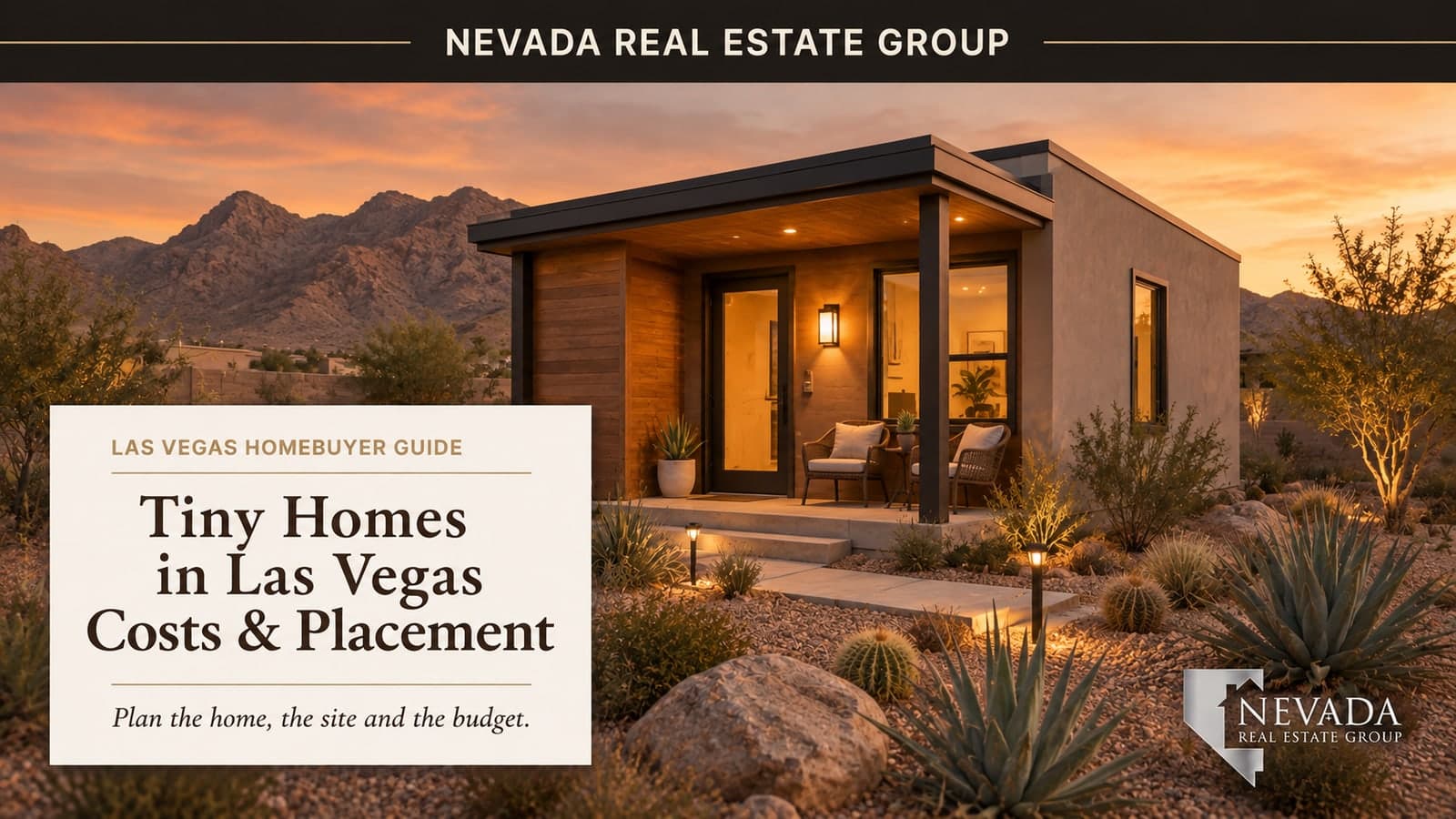 Illustration of a compact desert home with an ivory Tiny Homes in Las Vegas title card