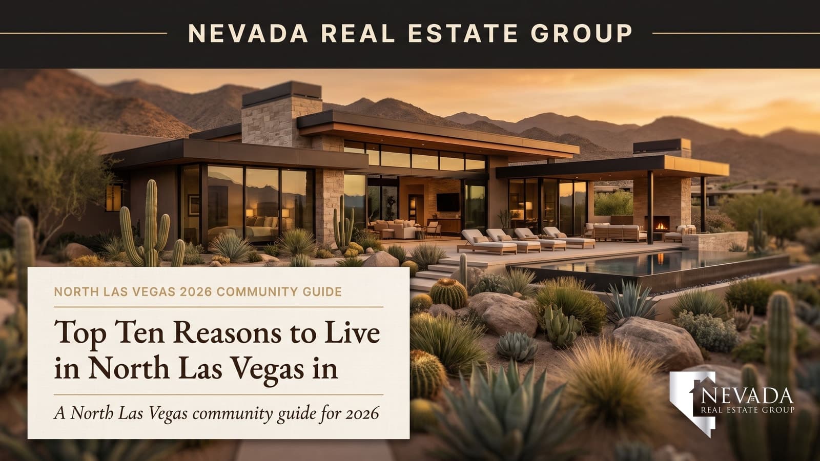 New master-planned streetscape in North Las Vegas with mountain backdrop at golden hour