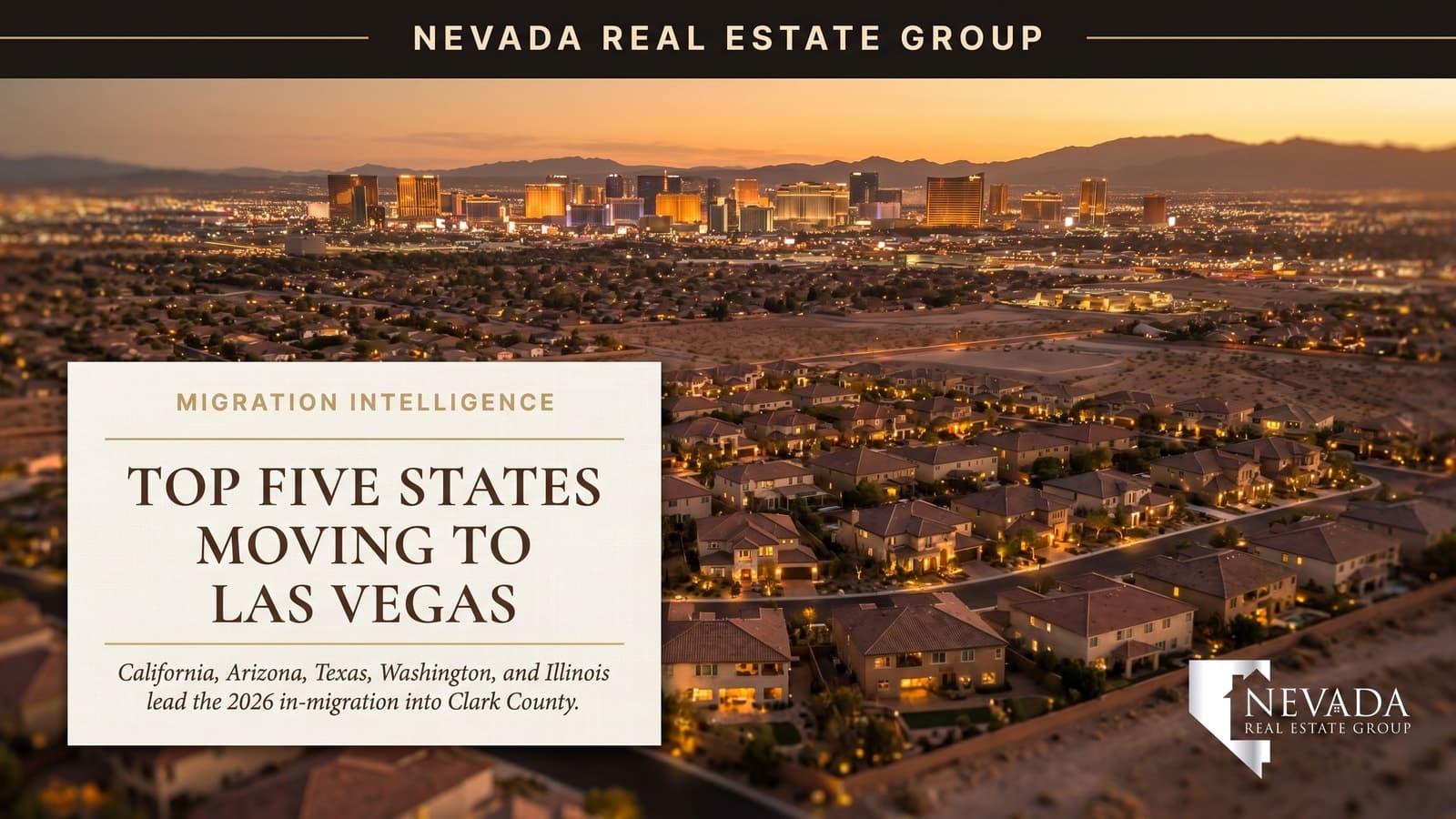 Aerial view of a Las Vegas Valley residential neighborhood at midday with mountain backdrop — the destination for tens of thousands of out-of-state movers each year