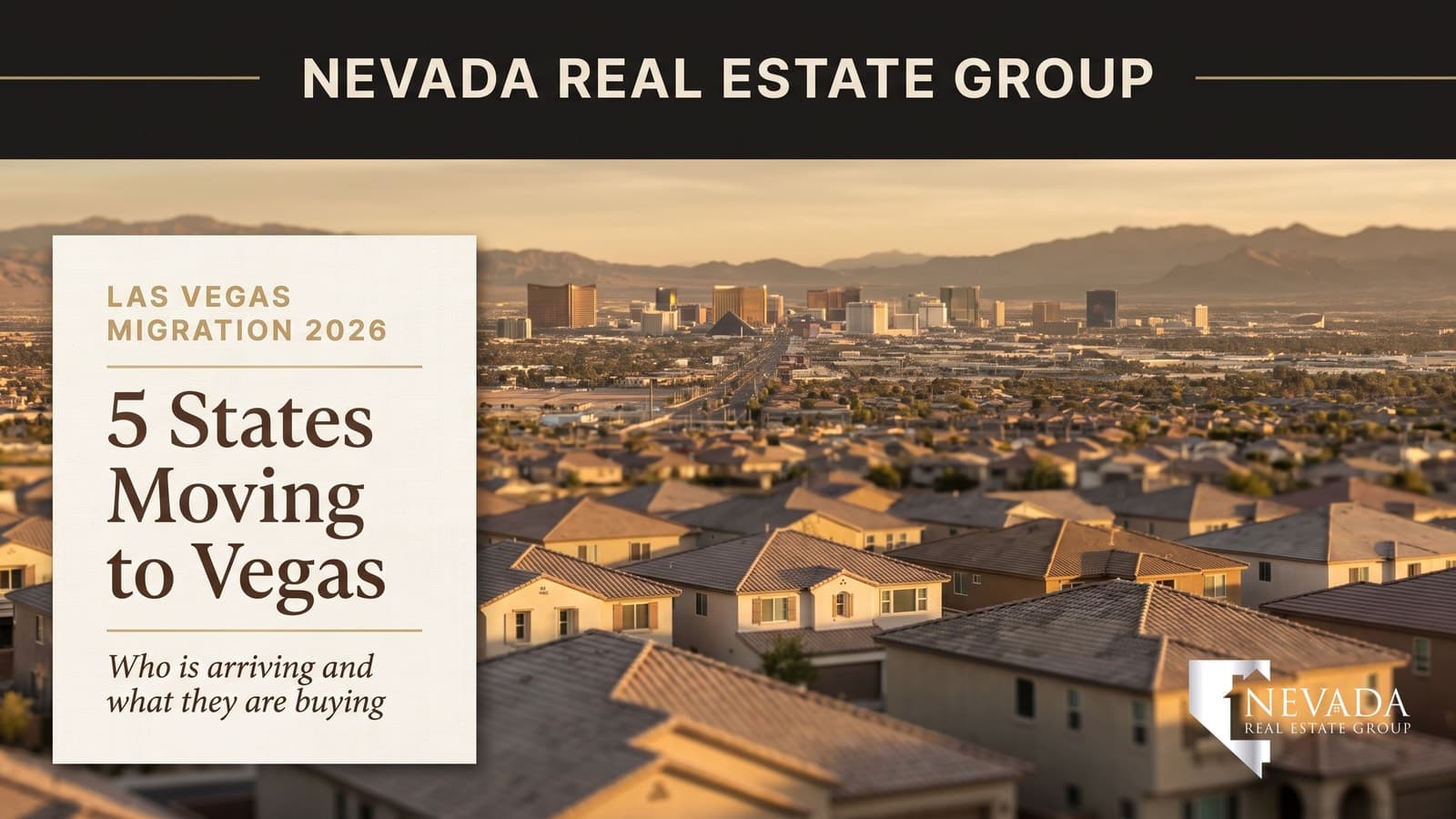 Aerial view of a Las Vegas Valley residential neighborhood at midday with mountain backdrop — the destination for tens of thousands of out-of-state movers each year