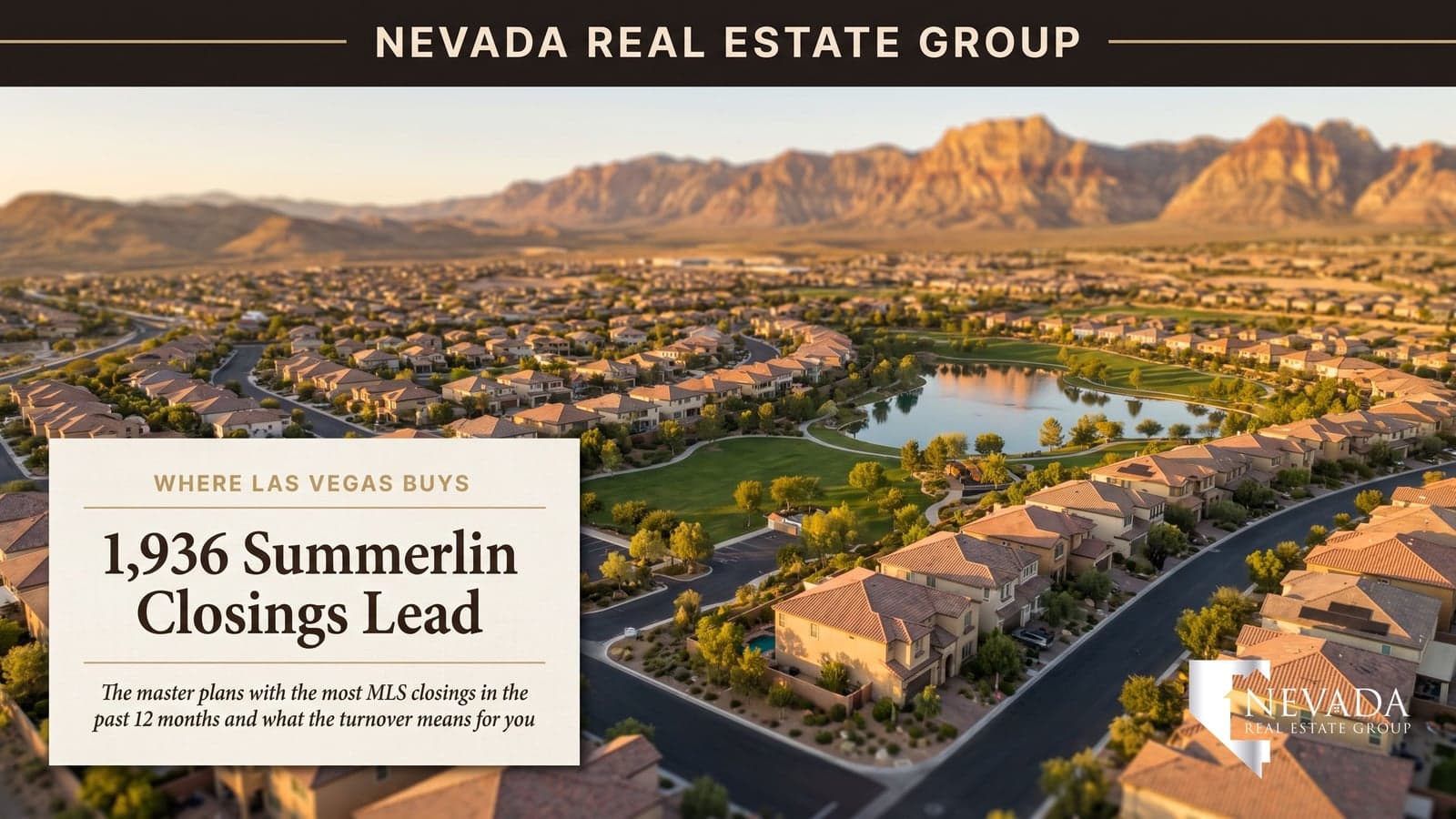 Aerial view of a Las Vegas master-planned community at golden hour illustrating the top-selling communities in Las Vegas and Henderson ranked by 2026 MLS closings