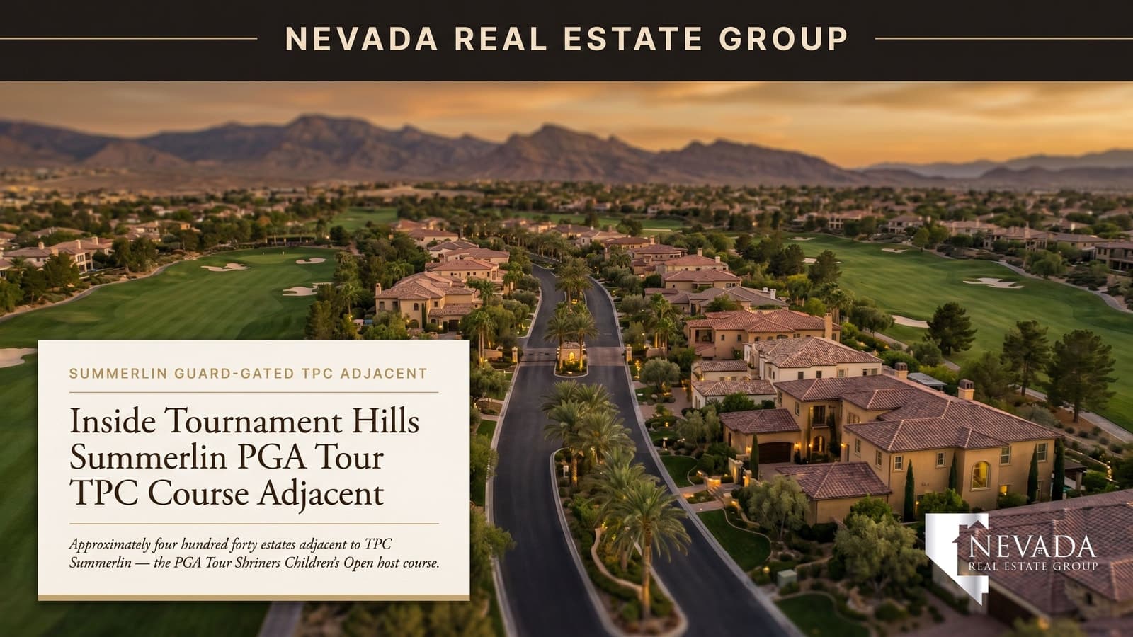 Tournament Hills Summerlin guard-gated community with TPC Summerlin golf course in background at golden hour