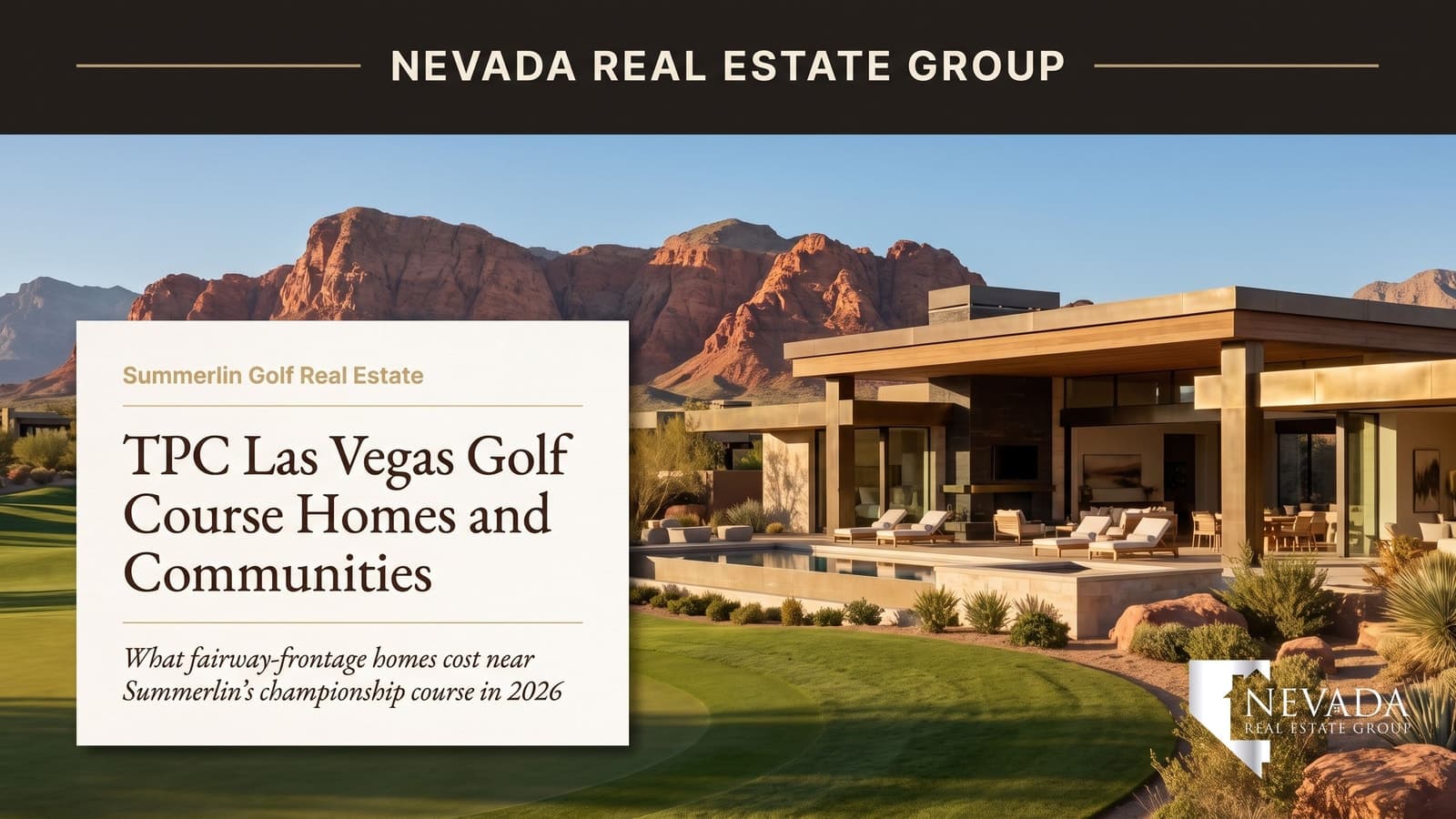 Luxury desert home overlooking a green golf fairway with red rock mountains near TPC Las Vegas in Summerlin