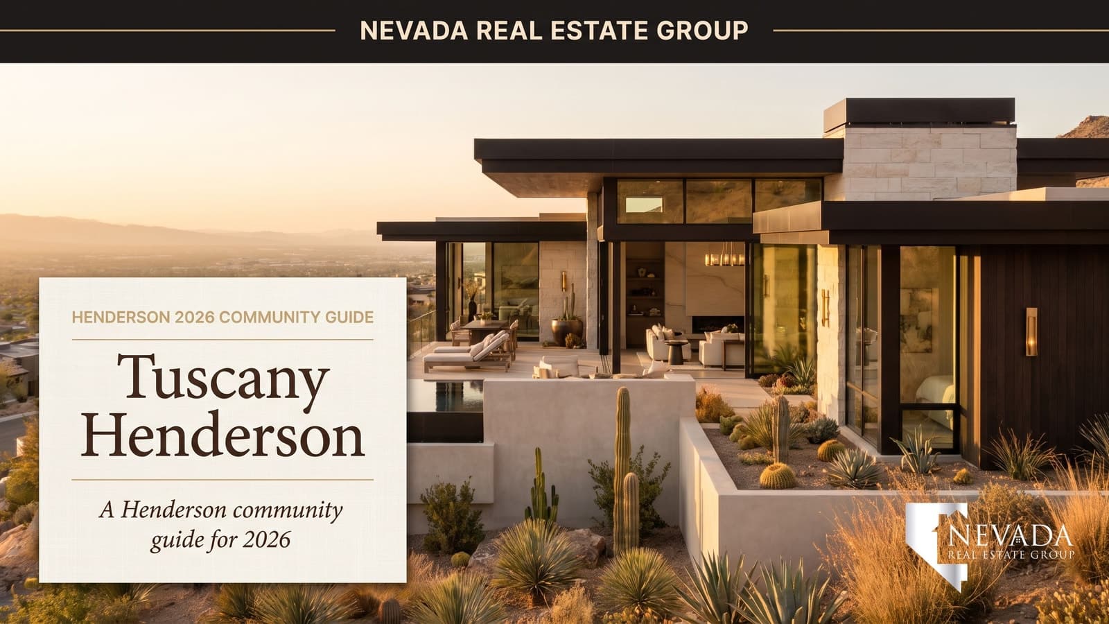 Tuscany Henderson Nevada gated golf master plan aerial at golden hour with Tuscan-styled single-family homes and Ted Robinson golf course fairways
