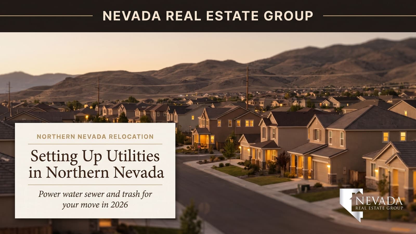 Northern Nevada suburban street at dusk with warmly lit home windows and the Sierra Nevada foothills in the background