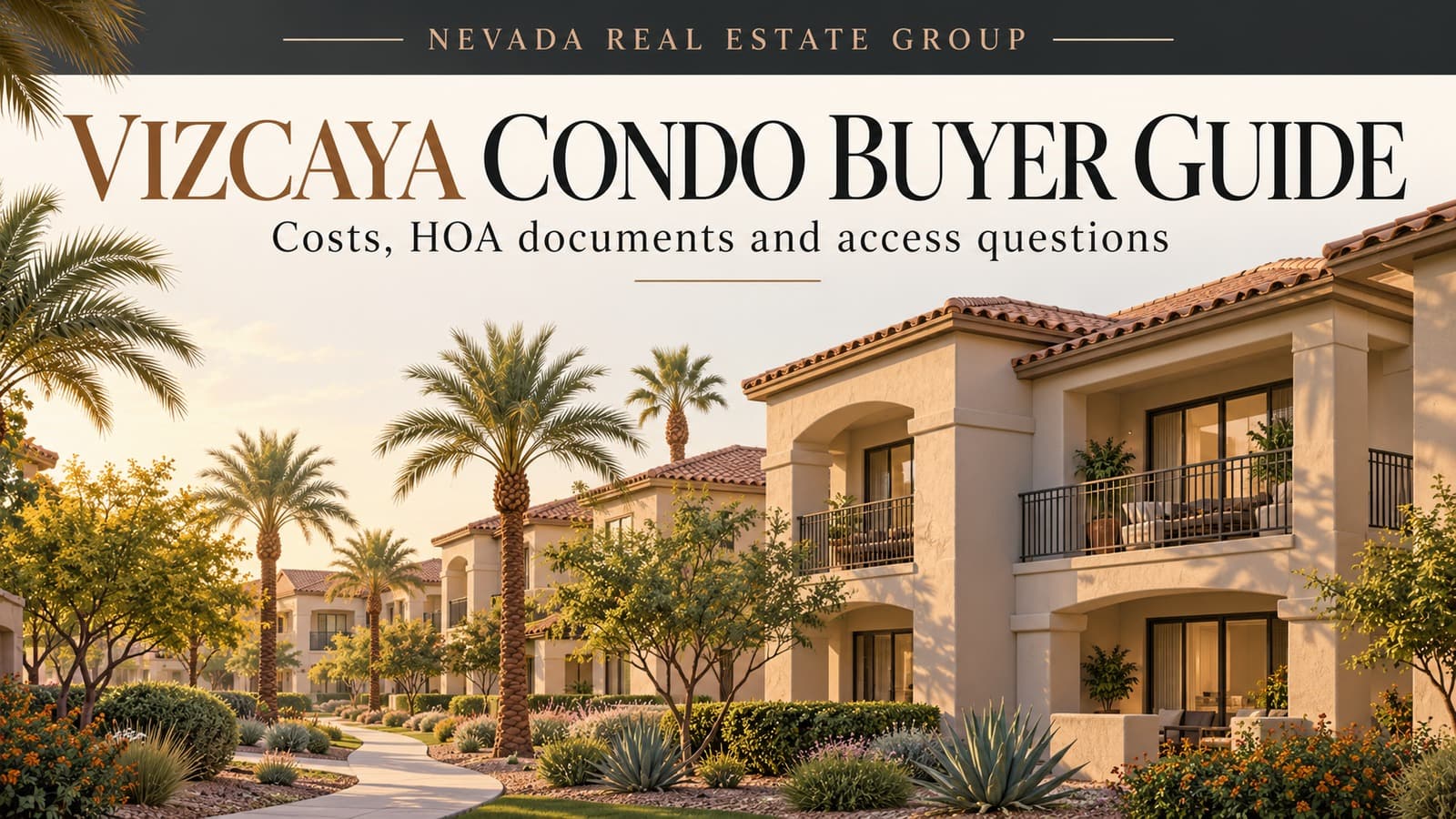 Conceptual illustration of low-rise Southwestern condominiums with palms and a walking path
