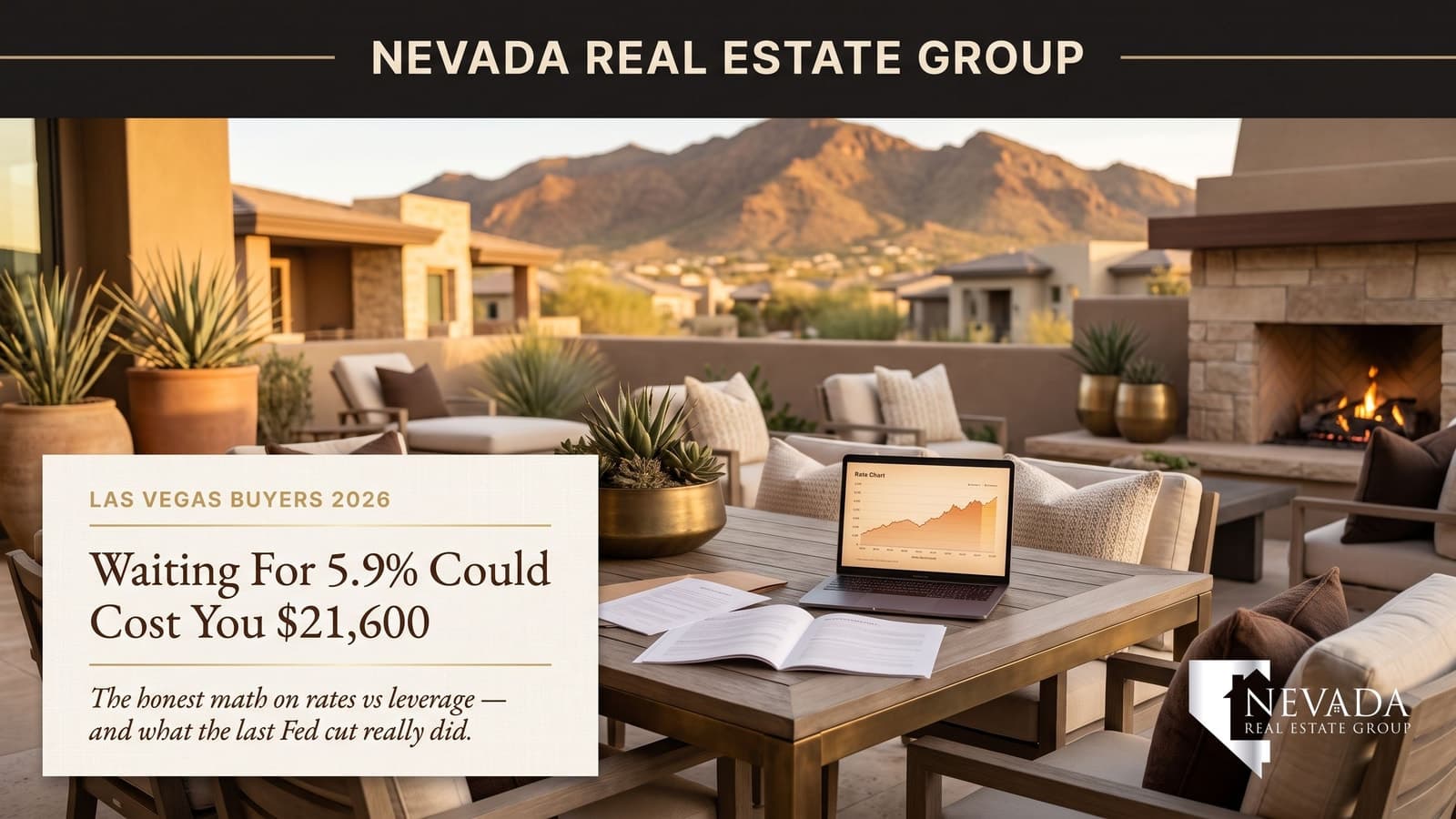 Las Vegas homebuyer weighing whether to wait for mortgage rates to drop before buying, with rate charts and a suburban Las Vegas home
