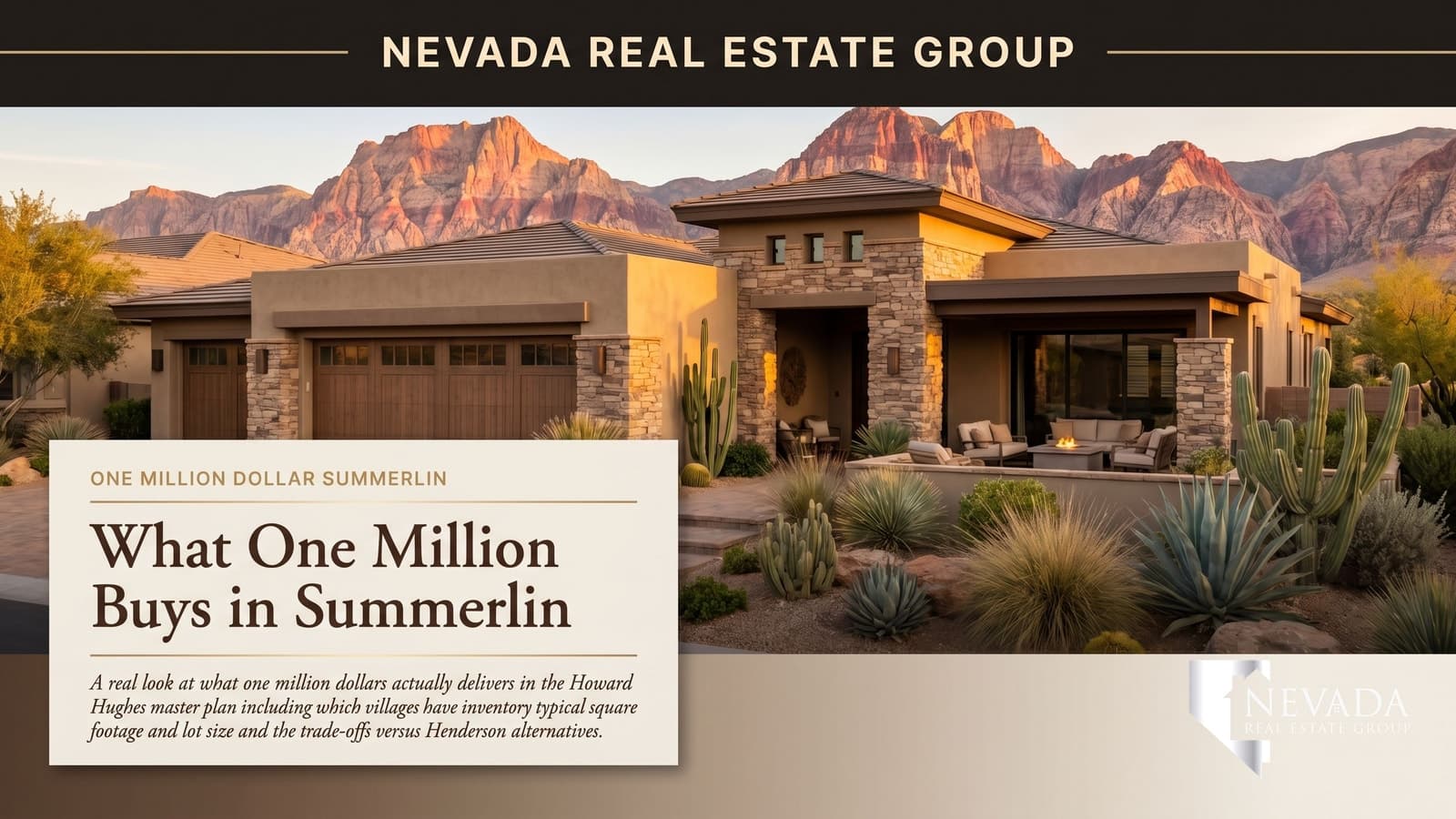 Summerlin Las Vegas million-dollar mid-tier village home with contemporary desert architecture mature landscaping covered patio and the Spring Mountains visible in the distance at golden hour