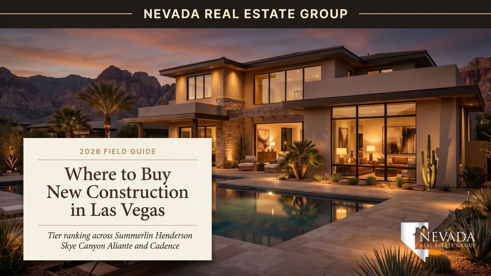 Modern two-story Las Vegas new construction home with peaked tile roof, stone wainscoting, three-car garage, and Red Rock Canyon backdrop