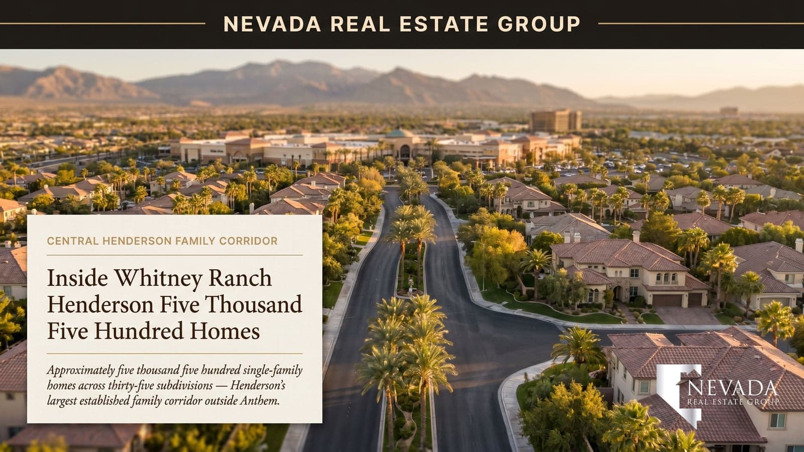 Whitney Ranch Henderson family residential streetscape at golden hour with mature landscaping and mountain backdrop