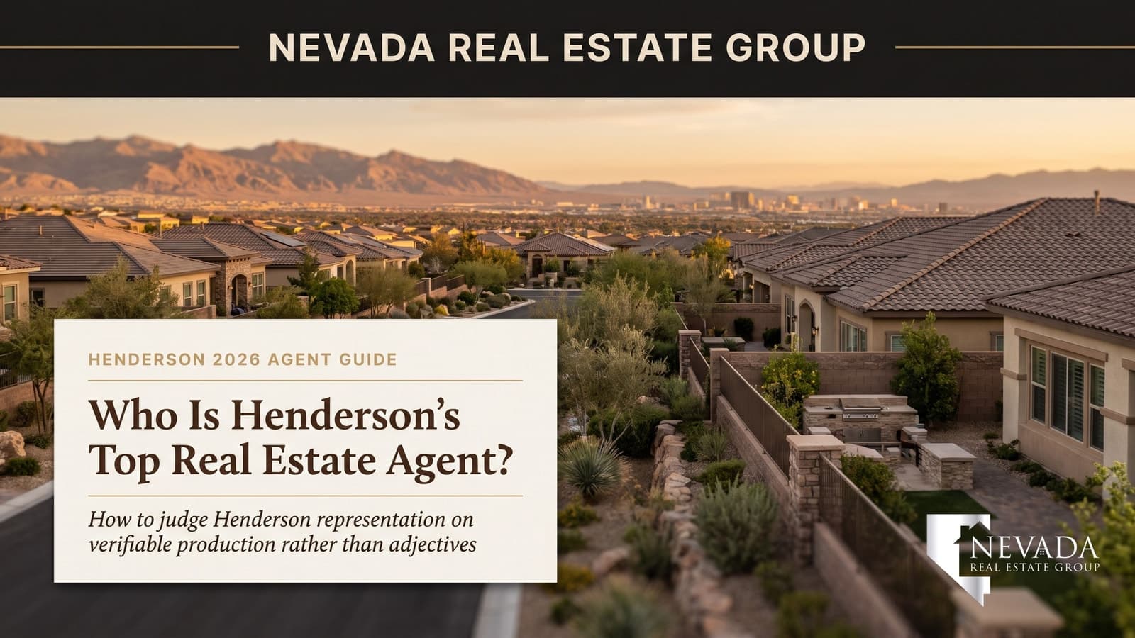 Henderson Nevada master-planned neighborhood at golden hour, tile-roof homes stepping toward the McCullough Range with the Las Vegas valley beyond