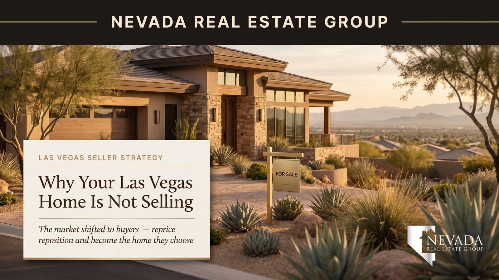 A well-kept single-family home in a Las Vegas suburb with a For Sale sign in the yard at golden hour, the kind of listing that sits unsold in the 2026 buyer's market when it is priced for last year's conditions