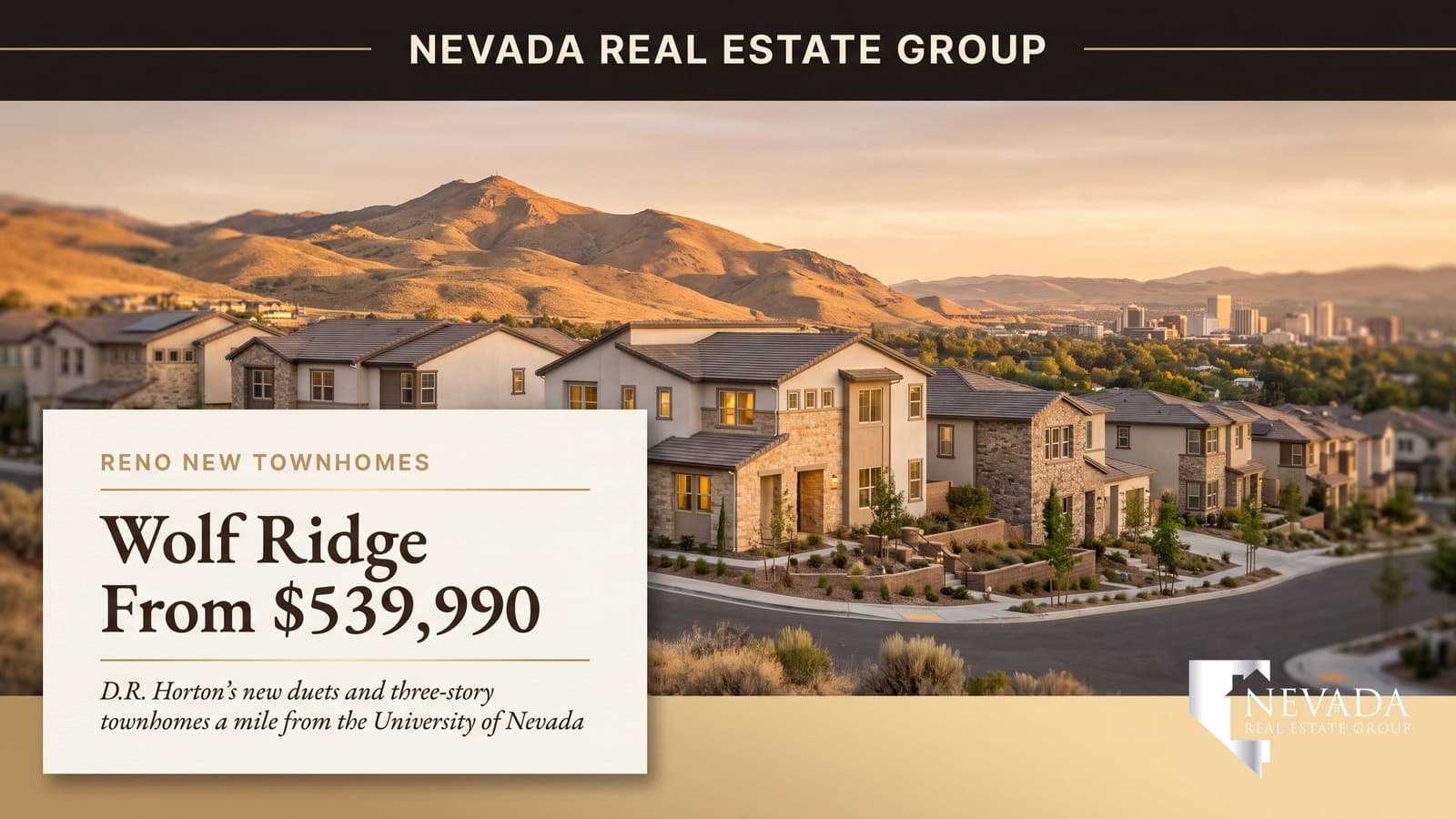 Contemporary new townhomes on a north Reno hillside street near the University of Nevada with Peavine Peak behind, illustrating D.R. Horton's Wolf Ridge community