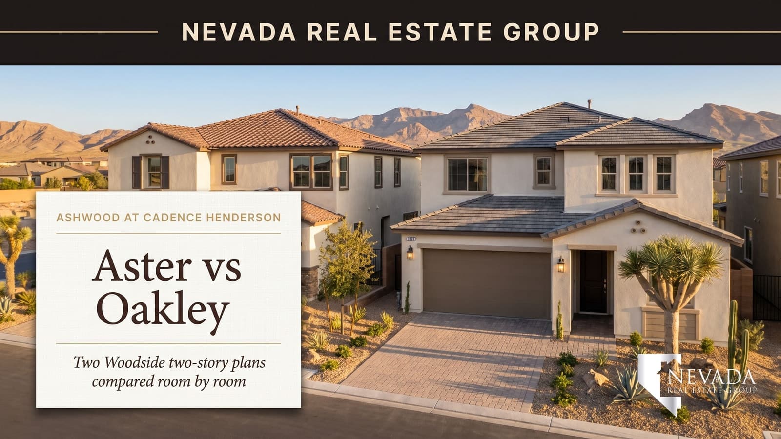 Illustrated cover for a comparison of Woodside's Aster and Oakley floor plans at Ashwood at Cadence in Henderson