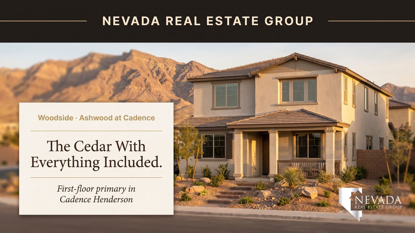 Woodside Cedar Plan 2 — a two-story home at Ashwood at Cadence in Henderson with a first-floor primary suite and included healthy-home features, Las Vegas 2026