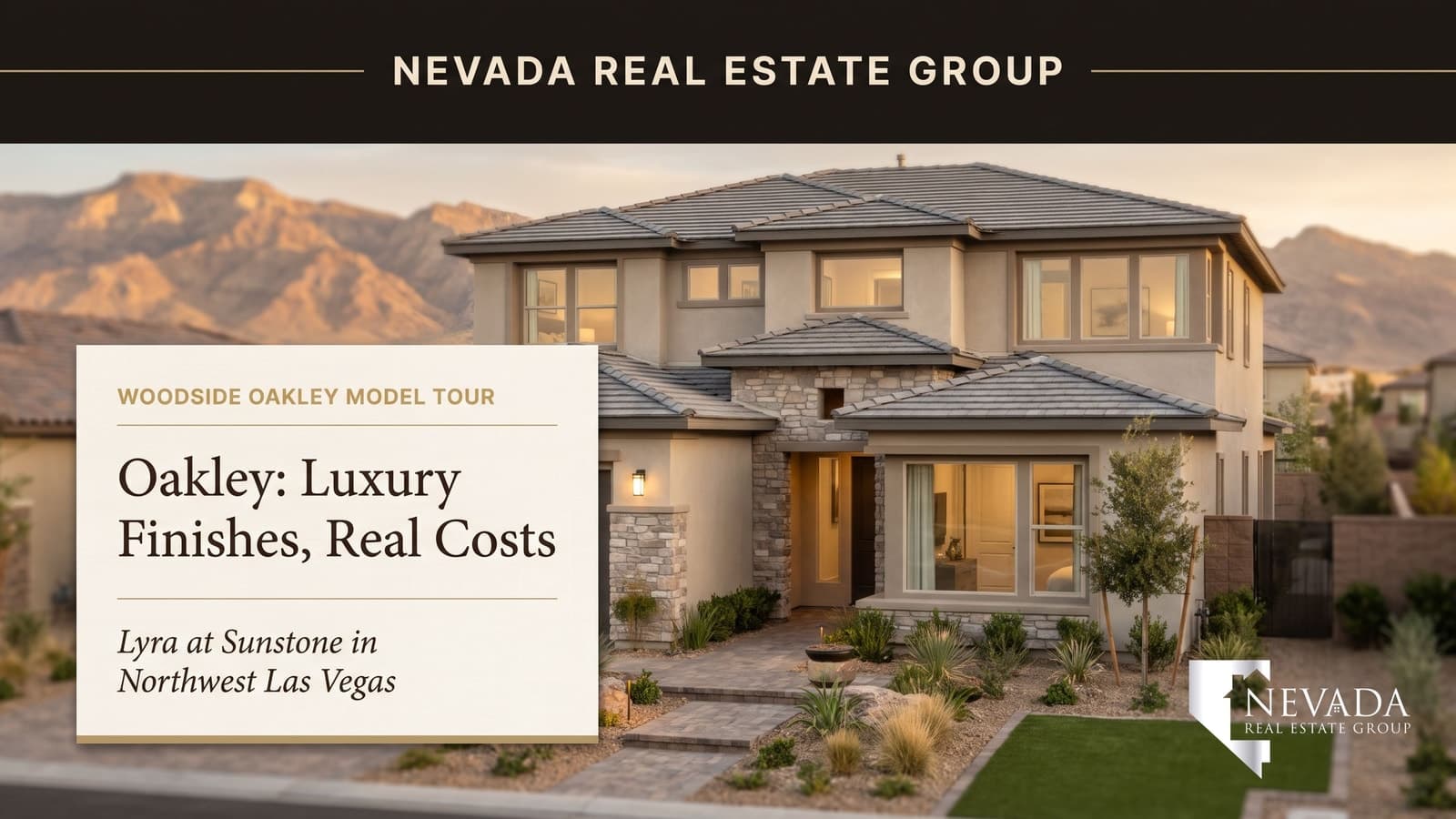 Woodside Homes Oakley model at Lyra at Sunstone in Northwest Las Vegas, a two-story home with a stone-accented front and tile roof