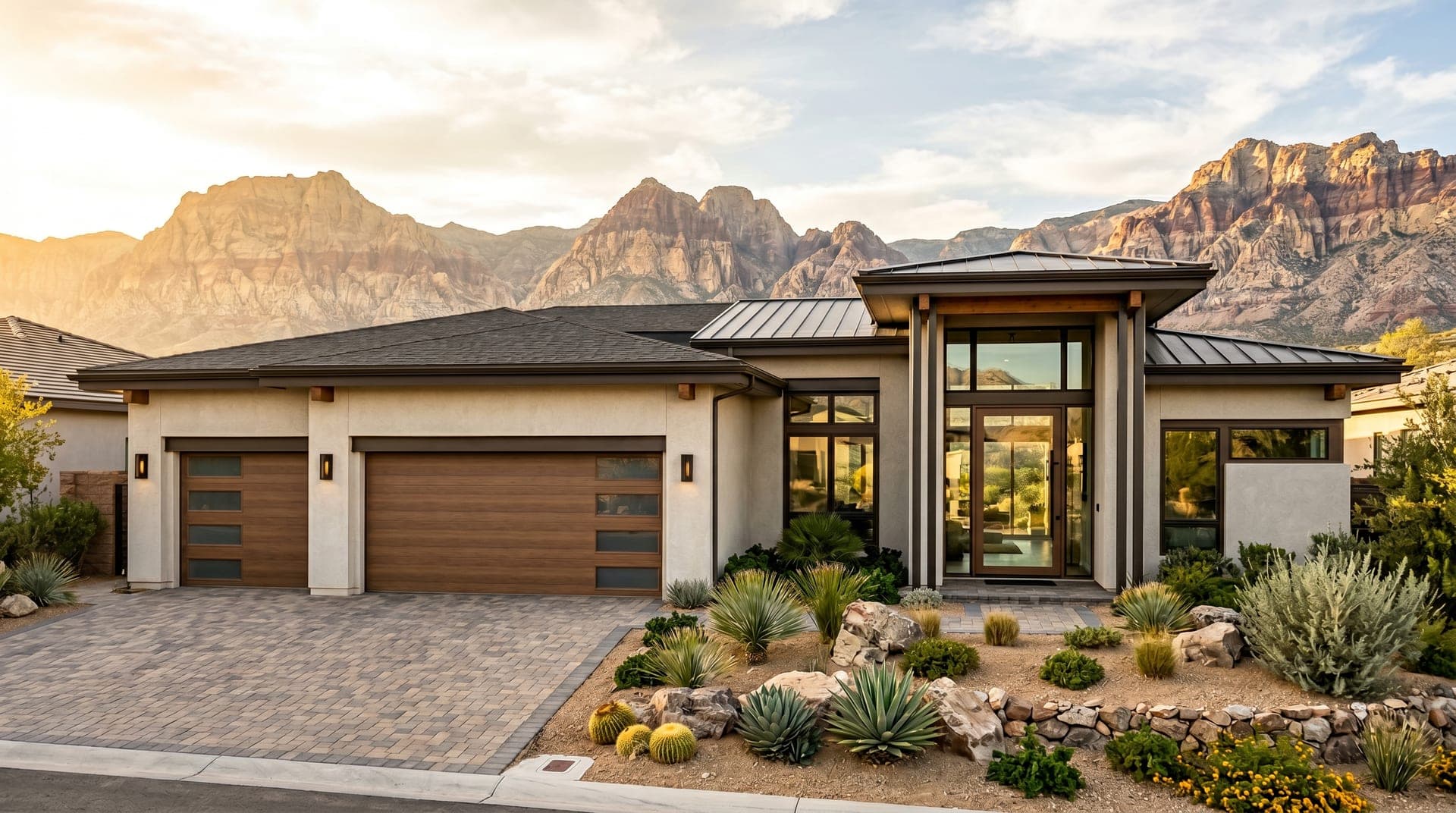New-construction Las Vegas home priced near $710,000 with two-story stucco facade and three-car garage