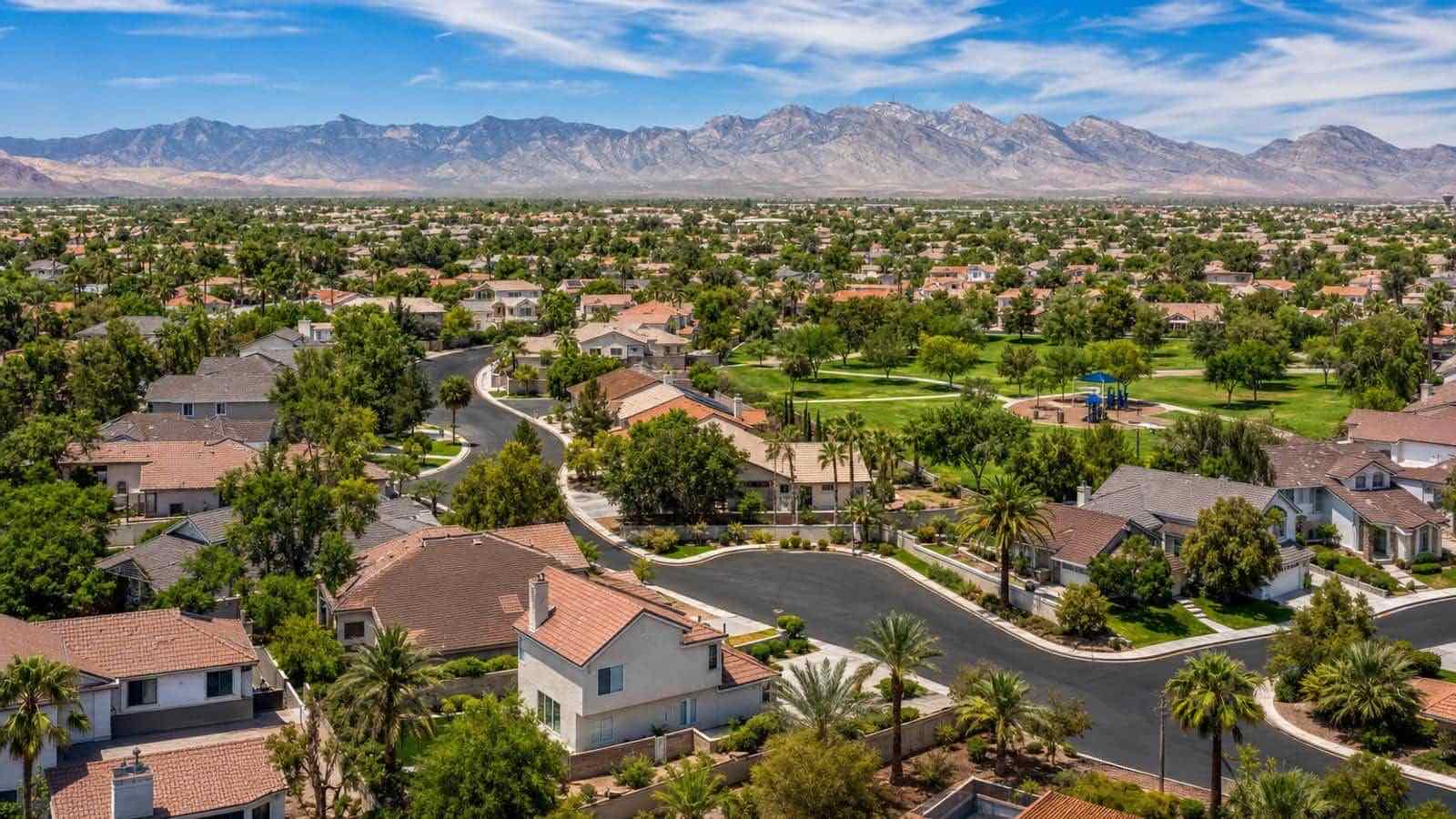 Condominium and townhome community in Spring Valley, Las Vegas with desert landscaping and mountain views
