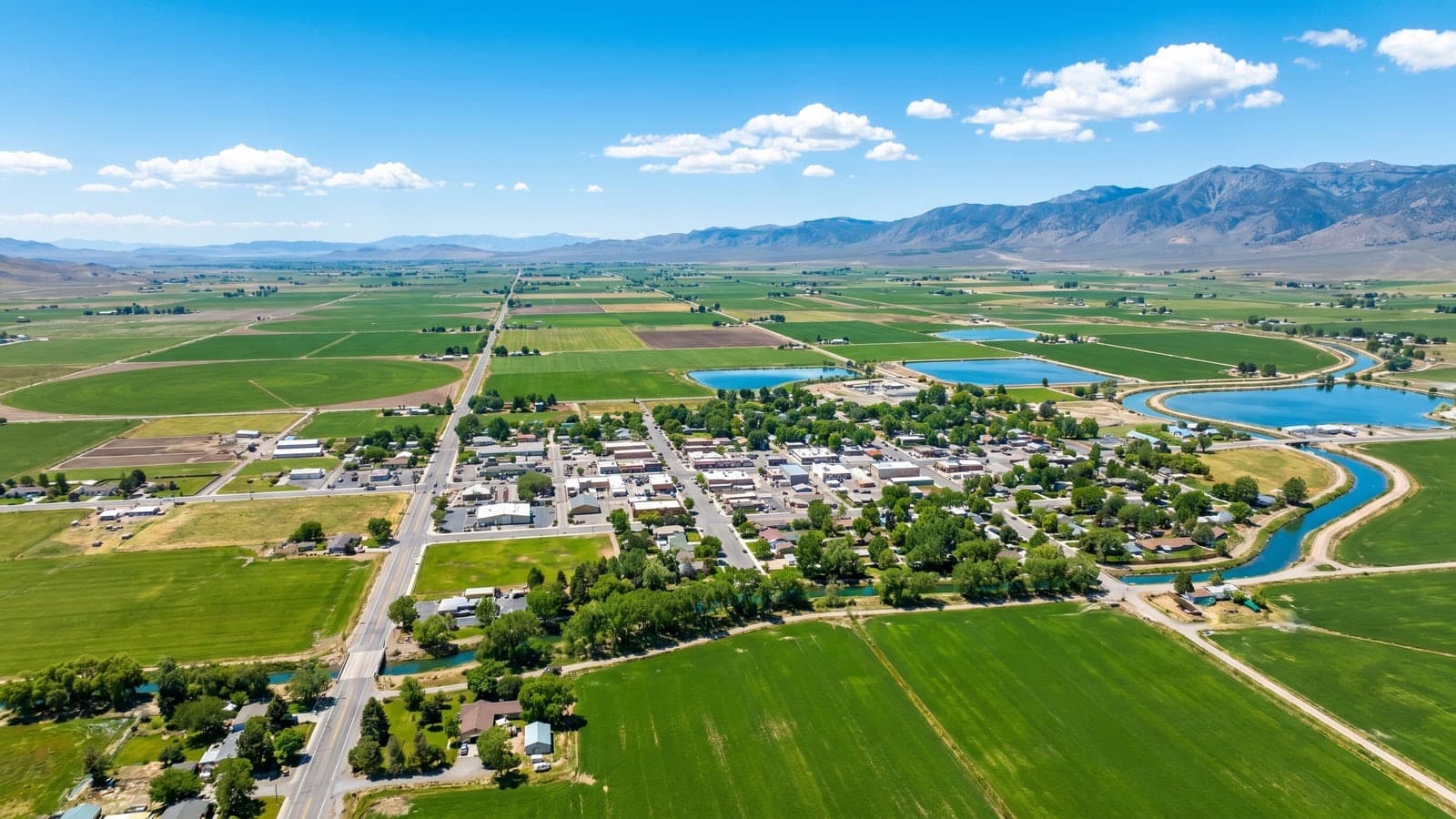 Fallon, Nevada — Churchill County farmland and homes with the high desert and distant ranges beyond
