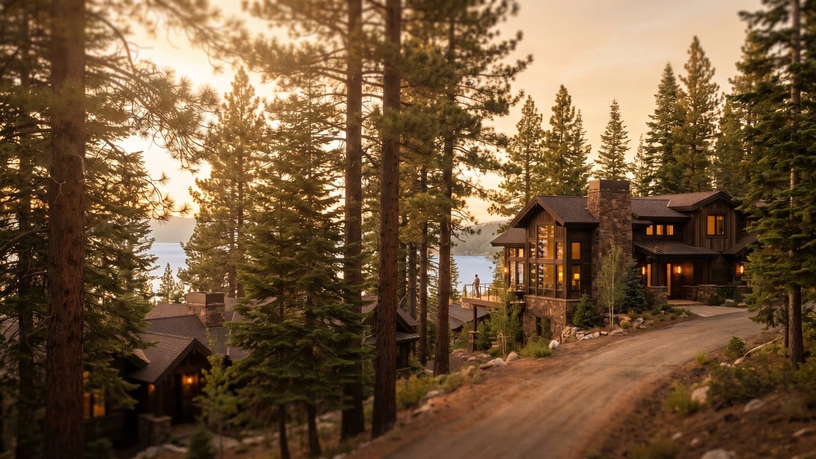 Wooded single-family homes and townhomes in Round Hill Village above the south shore of Lake Tahoe near Stateline, Nevada